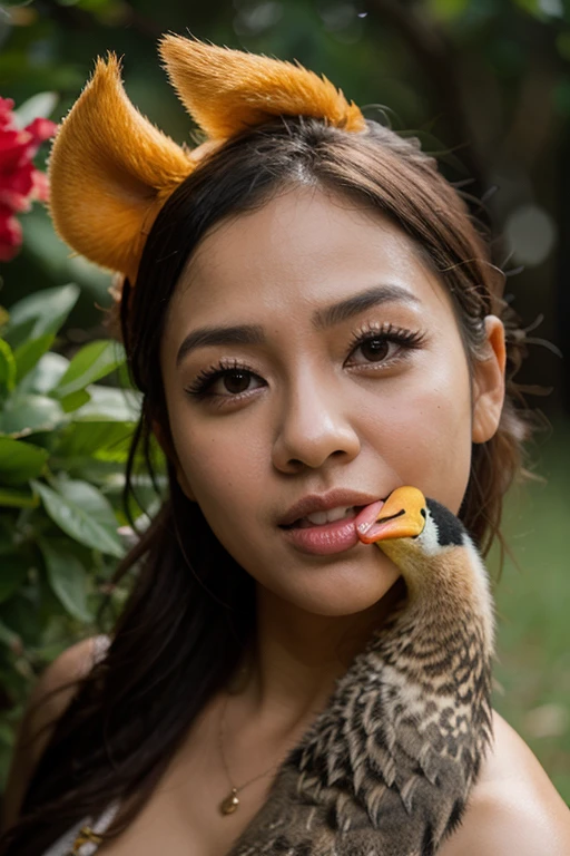 Create a naked girl with a duck on her shoulder