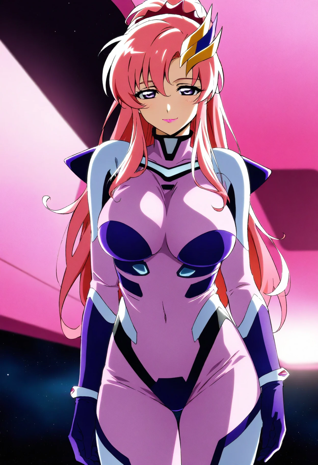 (((caro ru lushe))),pink long hair, 1girl,white jacket,(numbersuit:1.0), (1girl, solo, pale skin), ((yellow eyes, intricate iris)),smile, empty eyes,clear face,expressionless, ((best quality, highres)), ((ultra-detailed)), beautiful detailed eyes, masterpiece, ((two-tone bodysuit:0.9, blue bodysuit:0.9, light blue bodysuit:0.9)), ,