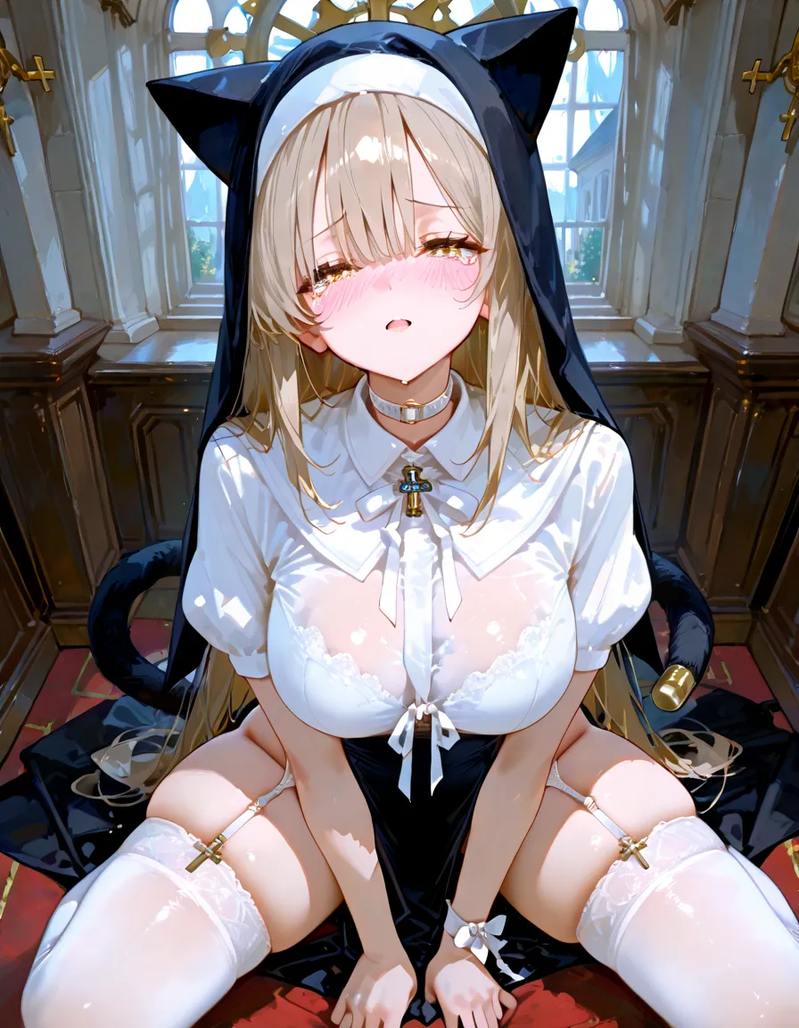 ((2Mature Woman,nun)),(big breasts),((best quality)),(((intense orgasm:1.1))),(tears:1.2),(Sweat:1.3),((at the church:1.1)),(garter belt,panty),(button-down,woman is wearing lace),(clothing),(Squint eyes:1.1),(embarrassing,blush:1.3),((squat)),White hair,red eyes,