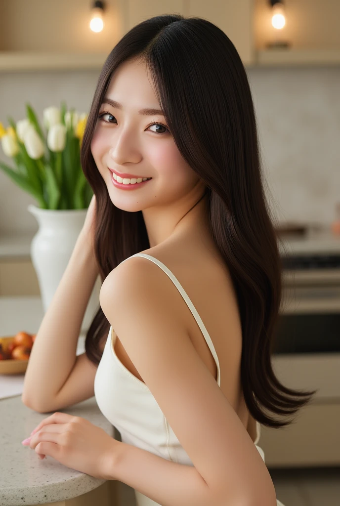 (Highest quality、Tabletop、8k、Best image quality、Award-winning works)、1. pretty girl、(Naked and wearing only a white apron:1.1)、(The perfect pure white apron:1.1)、Slender body、Perfect girl portrait photo、Glowing Skin、(Face close-up:1.5)、Cute Smile、(Classy kitchen blurred background:1.2)