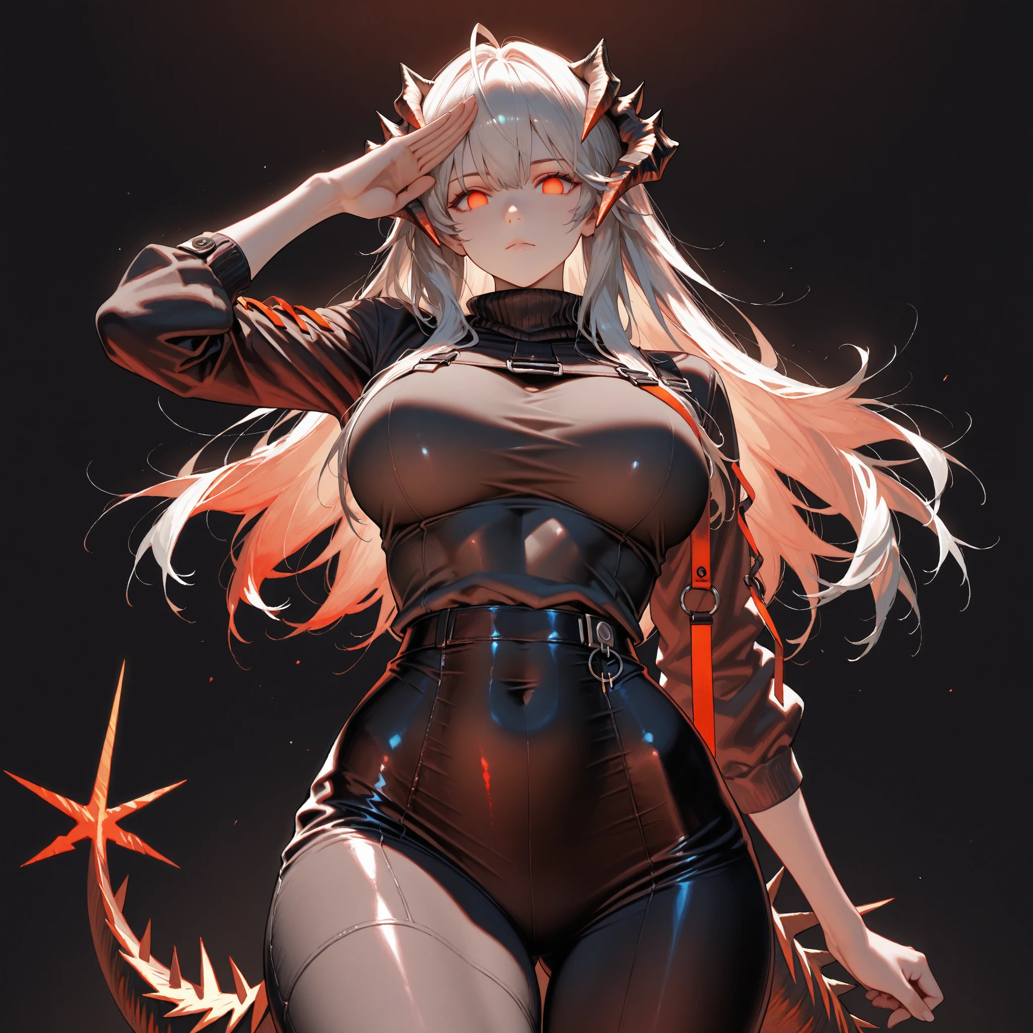 anime depiction of a tall woman, beautiful, glowing red eyes, white hair with streaks of red, imposing, calm, fancy suit, long face, red horns, unphased