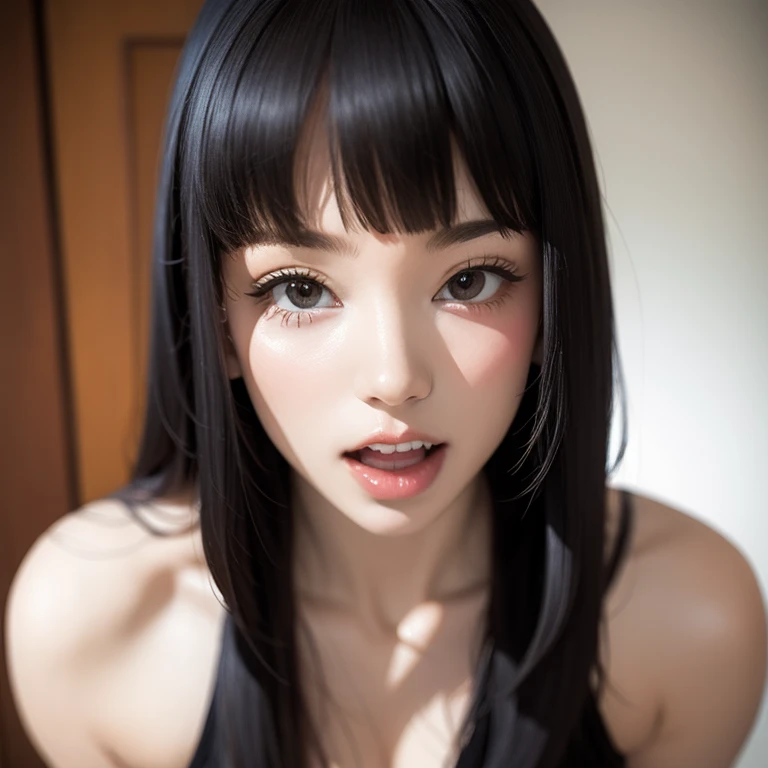 masterpiece, best quality, perfect face, beautiful face, intricate, detailed skin, cinematic lighting, indoors, 1woman, solo, black hair, (from above), ((pov, face focus)), blush, incoming kiss, casual browse, open clothes,