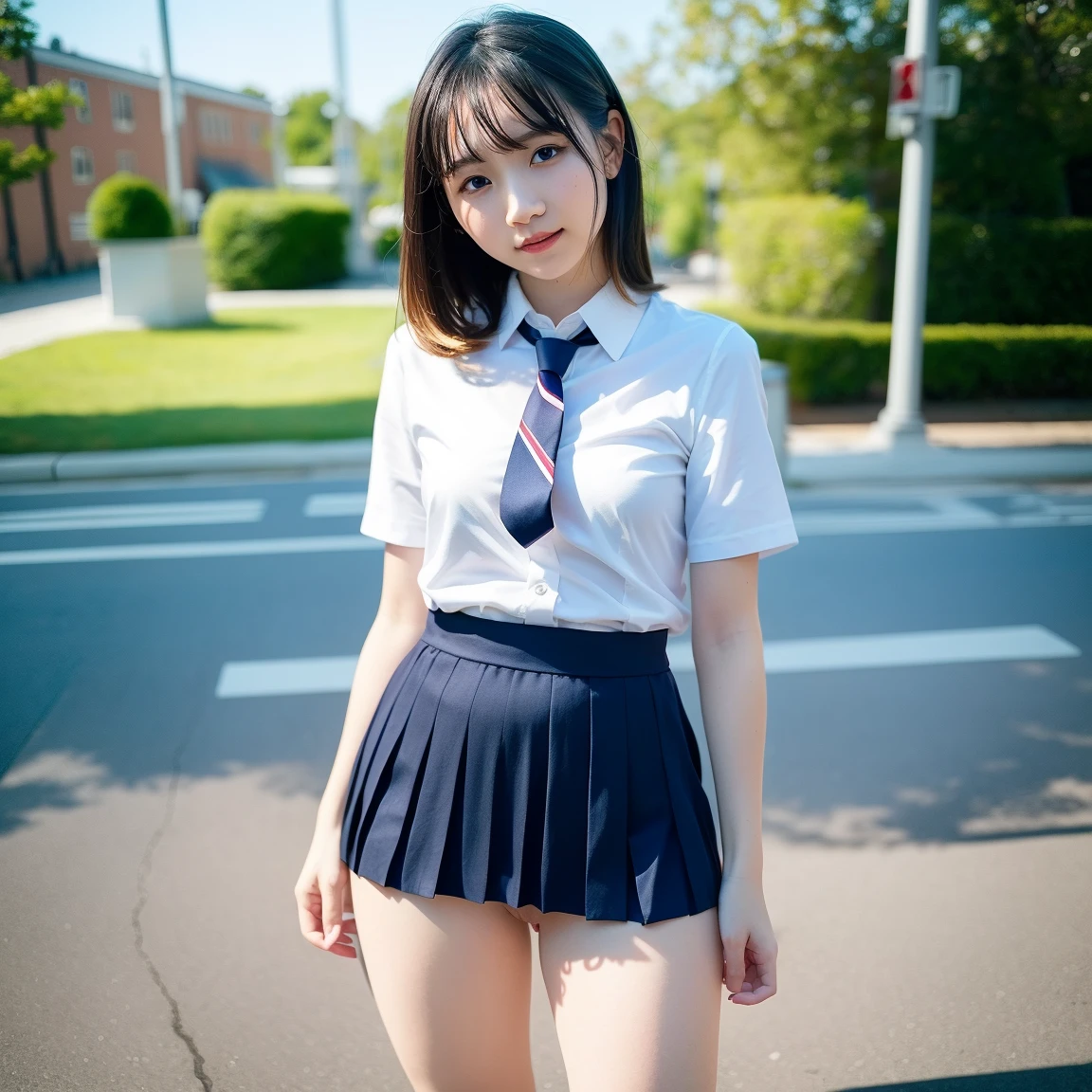 1womanl、(Super beautiful)、(beauitful face:1.5)、Clear pubic contours、Squatting、Spread your legs、(white  panties:1.4)、(high-school uniform)、(Dark blue pleated skirt)、(Wear black loafers)、(Sidewalk in Shibuya at night)、Neon sign、(At SFW:1.1)