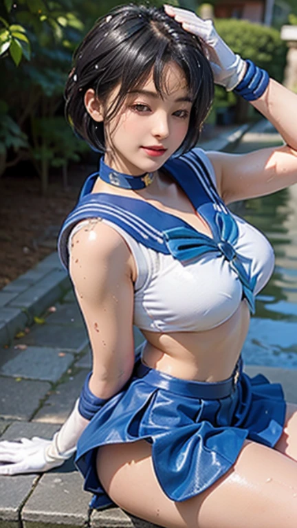 (best quality, 8k, photorealistic:1.5), (solo),(one girl:1.5),(Childish),(baby face),(pin up girl),(pinup model photos:1.3),(shiny skin),(oily skin),(Light blue hair:1.3),(straight hair),(long hair:1.5),(beautiful girl),(cool beauty girl),(elegant woman),(Blush brown makeup),(dark eye makeup),(pink lipstick),(big beady eyes girl:1.3),(droopy eyes woman),(blue eyes girl:1.3),(impressive eyes),(expensive necklace), chuuChloe,(keep smiling),(looks fun:1.5),(mini thong:1.5),(healthy body),(Show off crotch:1.6),(teenager girl:1.5),(sailor mercury costume play:1.5),