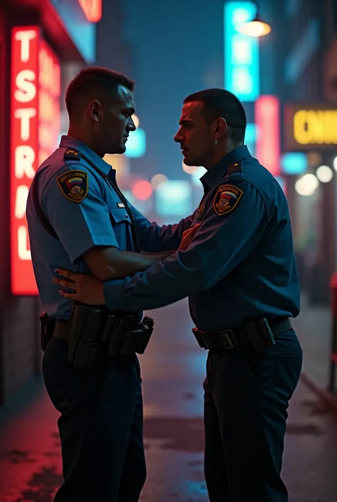 Two asian men kissing, 39-years-old, a short beard, muscle chub, trunks, military shirt uniform, exposes the penis, complete penis, in the center of the alley at night, moon, lantern, Full Frame, Professional Lighting