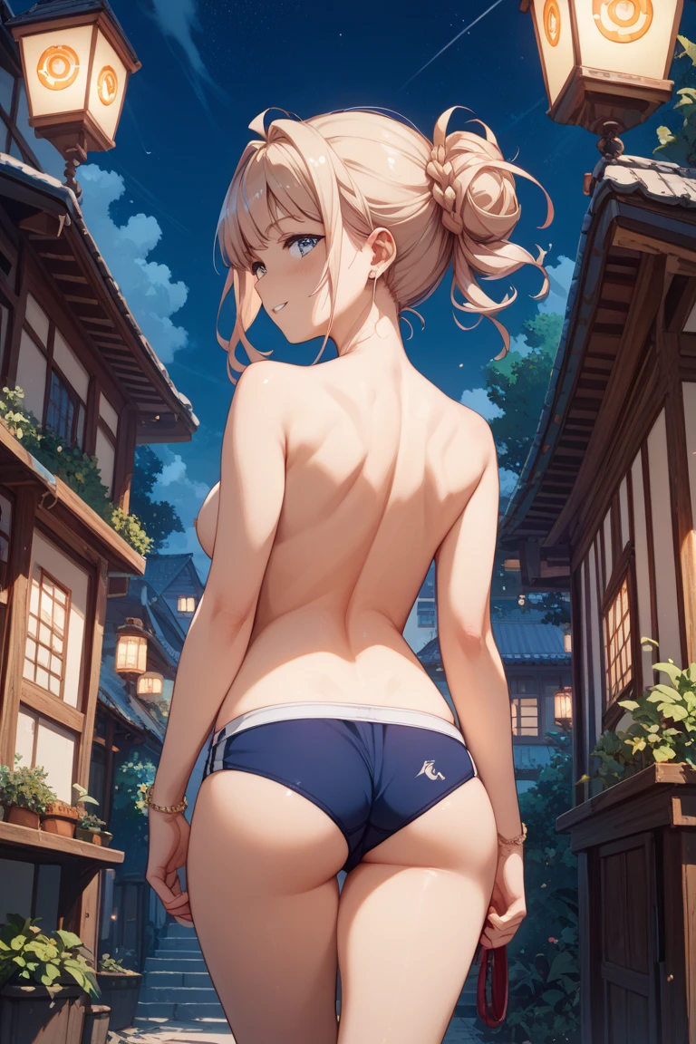 masterpiece, Highest quality, High resolution, Very detailed,(((Asahi Serizawa))), (((bikini))), (((Turning her back。))), Back alley at night, Zoom in