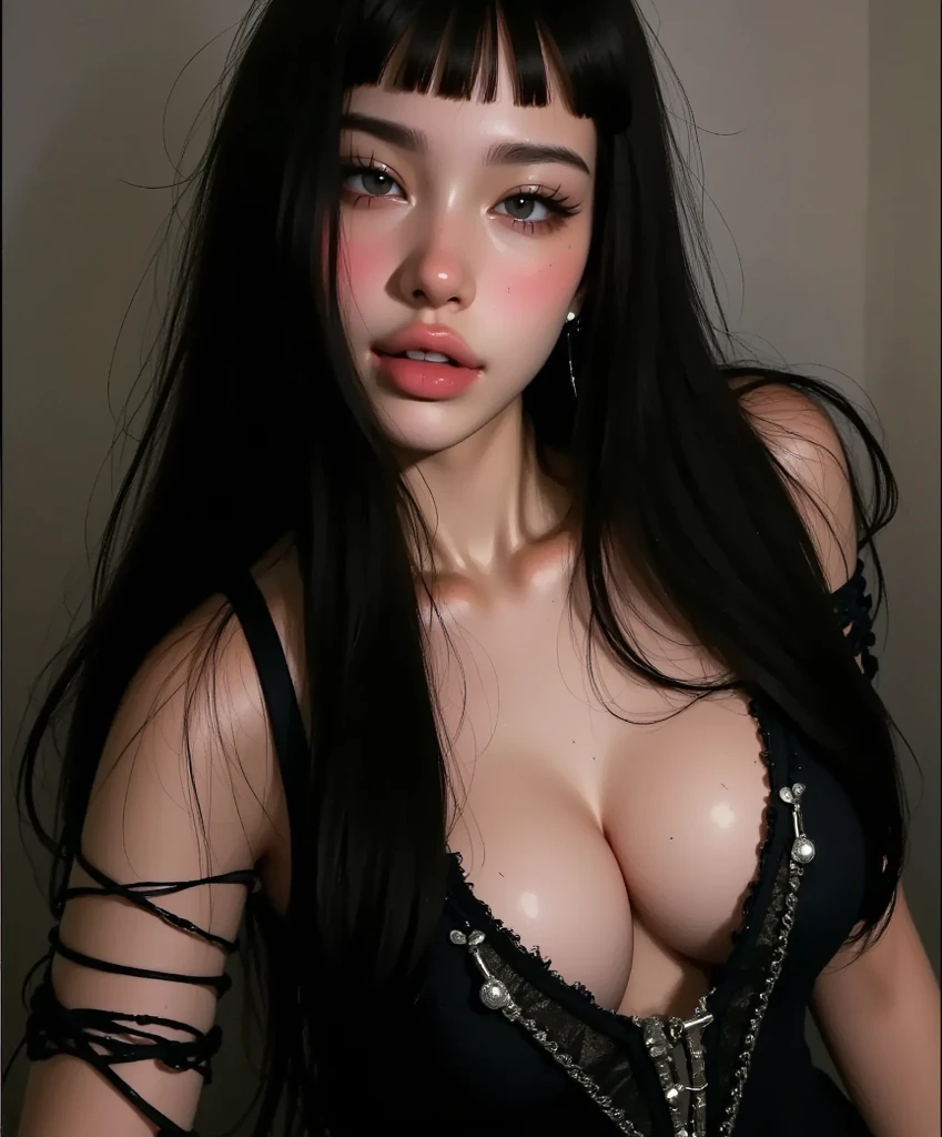 Gothic girl with a bra and a black thong long black hair and black eyes without clothes and hips and big thighs with big melons in a pose with both arms up showing her armpits in an exciting hip pose