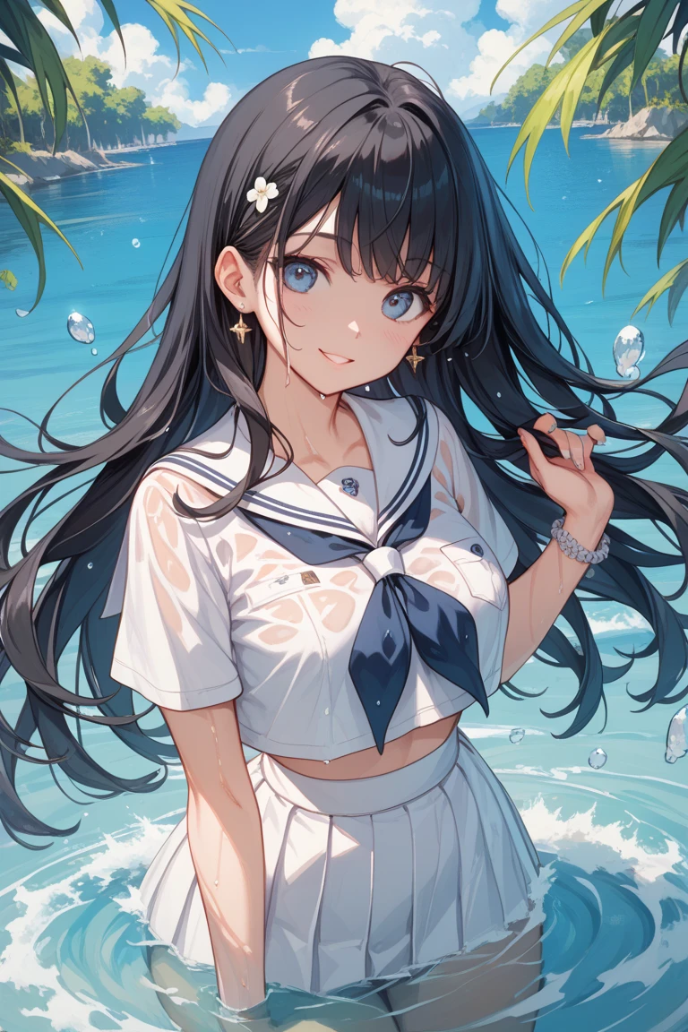 An anime-style high school girl with long black hair wearing a sailor uniform, standing on the sea under a bright blue sky with a radiant full smile. The scene captures the essence of summer youth with a vibrant and shining atmosphere. Water splashes up around her, and the light reflects off the droplets, creating a fantastical and magical ambiance. The image is high-resolution and highly detailed.