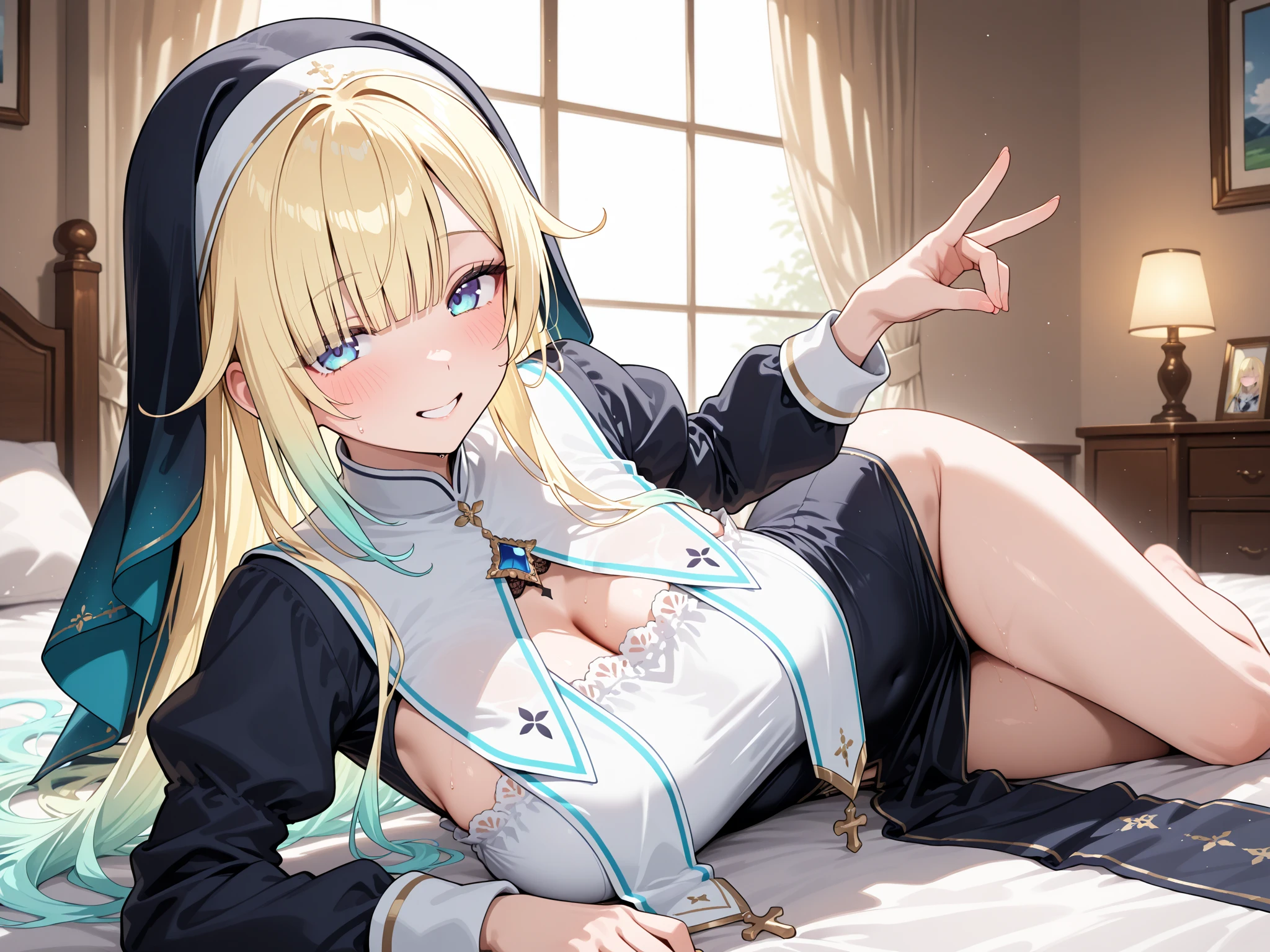 (((Best quality, 1girl,))) white hair, large breasts, looking at viewer, warm smile, blue eyes, long hair, white shirt, indoors, close up, on bed, bedroom, black skirt, from above, unbuttoned shirt,