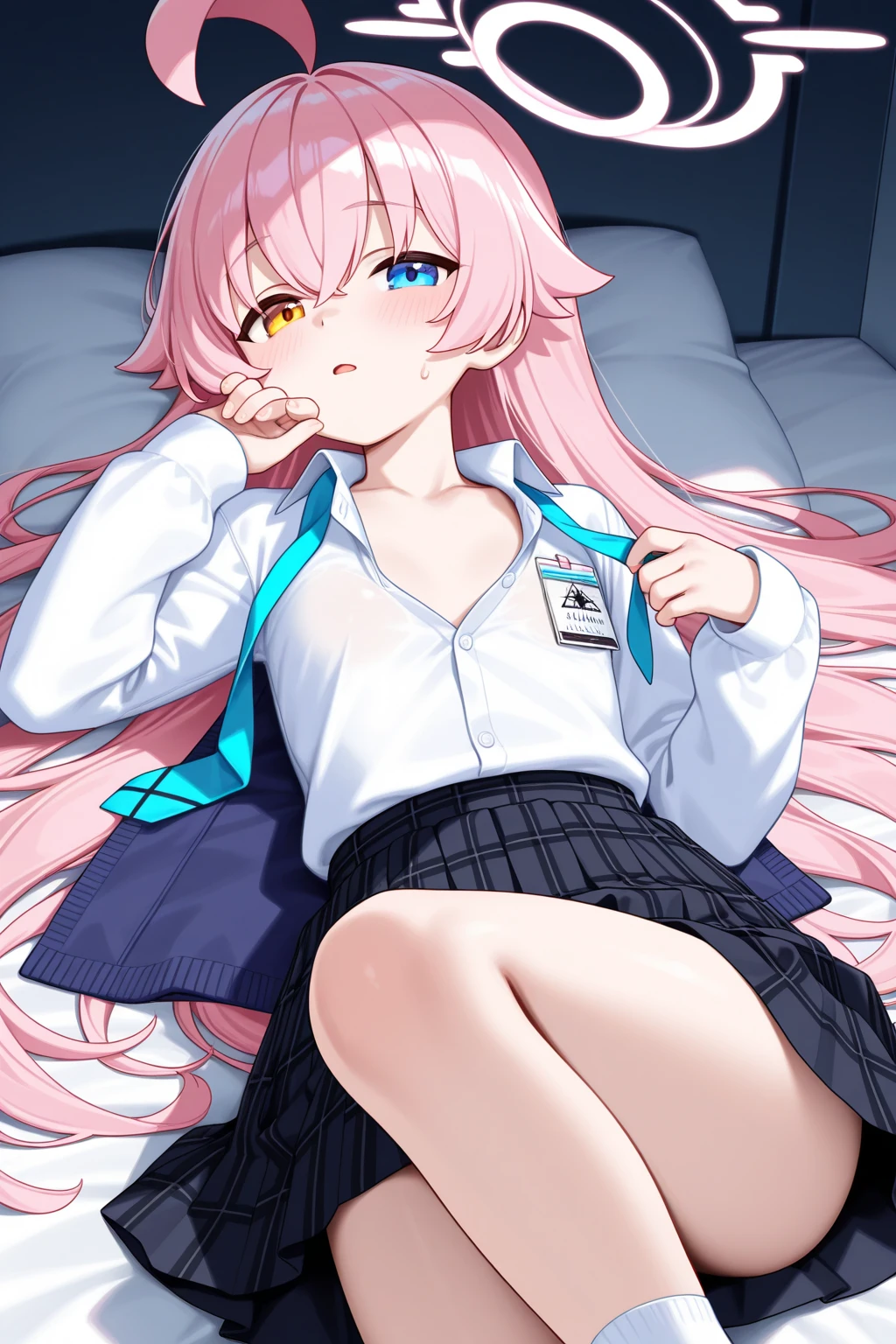 Long pale pink hair，Pale blue-green eyes，Black sailor uniform，dark circles，Sit in the infirmary，White hands，close-up on legs，A black over-the-knee sock，A pair of white socks,build，girl，big laughter，guffaw,no underwear,no bra,wet, small breasts,slim,pale,nude,cum dripping from pussy,best quality,4k,cum coming out of the pussy