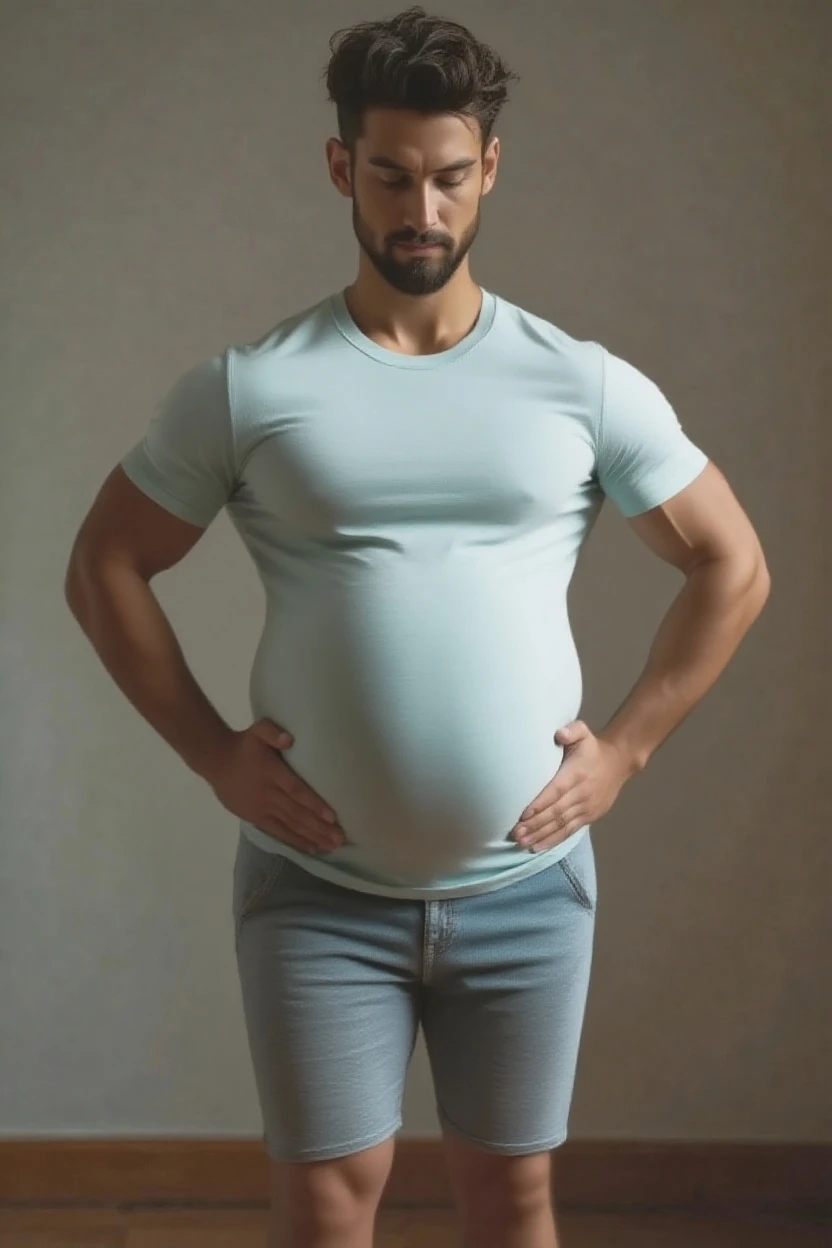 A muscular man 9 months pregnant petting his belly with a worried look on his face