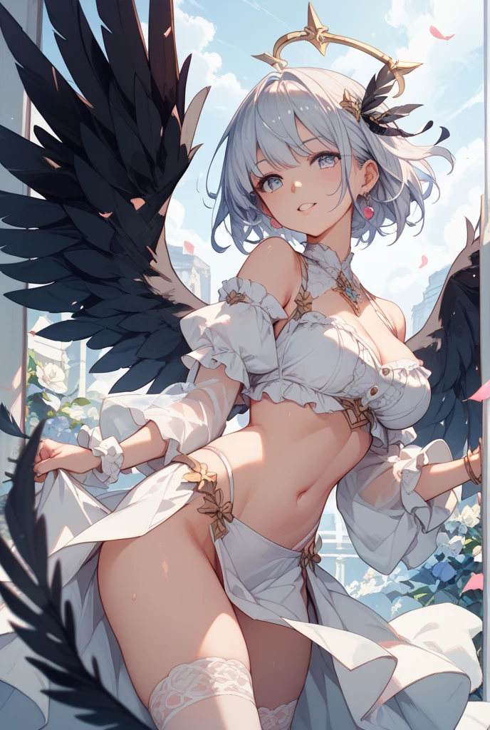 beautiful, masterpiece, Highest quality, anime, One girl, C Cup,Portrait Shot, View your viewers, Intricate details,>,((Covered、Short Hair、nearby、Blue Eyes、art、、White hair,Blue streaked hair、wallpaper、、hairpin、smile、Angel、Nipples、Thighs、Halo、Wolfヘアー、Lying on your back、Wolf_tail、Armpit、white_liquid