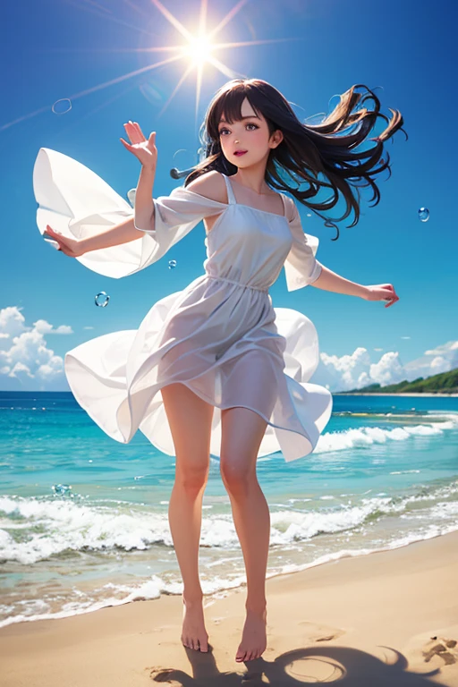 An enchanting coastline with an endless ocean, you stand at the shore beside a crystal-clear piano. The piano keys are bright and warm. As you gently touch a key, musical notes ripple out, skimming across the ocean, resonating deep within your soul. Your body initially feels heavy, like stone, but with each piano note, a gentle force, like a spring breeze, caresses your face. This energy spreads through your body, making it more supple and lively. Against the ocean backdrop, your body becomes more flexible, your hair dances in the breeze, and your eyes reveal peace and tranquility. You merge with the music, becoming one with the ocean, reveling in the joy and lightness of the piano's touch. The scene is dominated by warm blues, where the ocean and sky blend, symbolizing endless possibilities. Sunlight sparkles on the water, casting a bright, warm glow over the scene,Swimwear