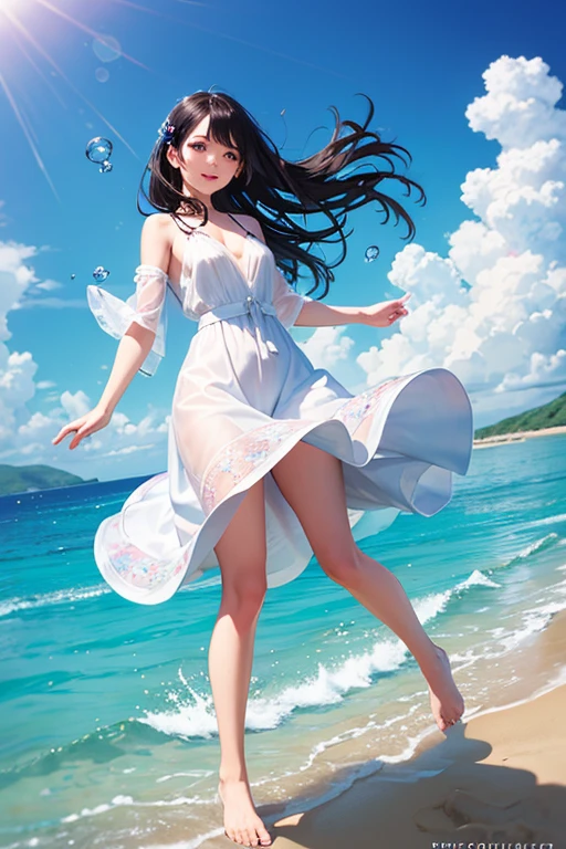 20 yo aussie girls in school uniforms playing in the water, at the beach, sunset, twilight hour, magic hour, wet sand, waves, long sleeves, 2 girls, (cardigan), ((loose tie)), ((pleated skirt)), closeup fantasy with water magic, beautiful maidens, playful, (splashing) wearing a skirt made of water, cleavage, photorealistic, dripping wet, in water up to their shoulders, beautiful realistic photo, nymph in the water, hyperrealist portrait at seaside, hyperrealistic fantasy photo, splashing, playing with each other, cute shot, narrow depth of field, 8k, ((drenched)), ((soaked)), (dripping water), dripping oil, heavy clothes, soaked in oil, wet all over, rouge lipstick, wet dripping hair, varied hair, smiling, ((see throug, varied poses, tropical beach