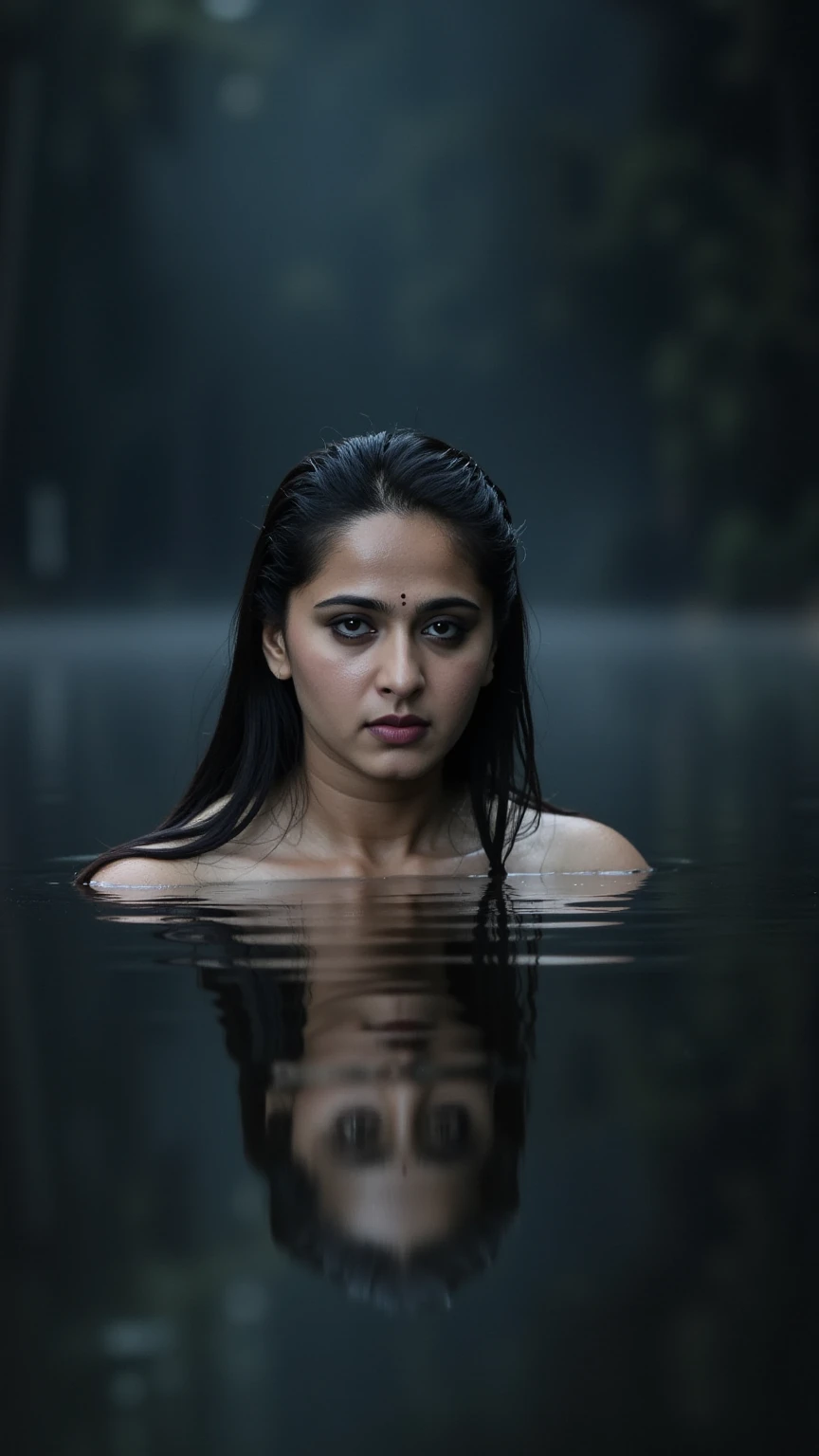 photo of indian young woman , photorealistic , hdr , modren , two tone , bra, makeup , smoky eyes , no jwellery ,bathing in a cave , submerged in water , detailed face , realistic skin, photoshoot , wavy hair , fog , warm tone , lens flare , abs