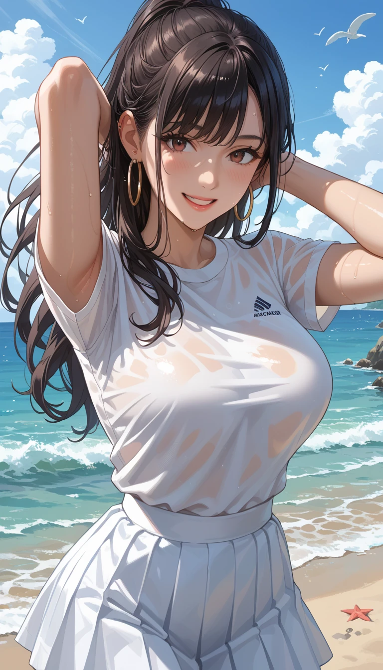 Long Hair, smile, Surrealism, UHigh resolution, Accurate, Anatomically correct, Textured skin, Very detailed, Attention to detail, highest quality, High resolution, (On a wide beach), Paradise Background, D cup breasts, She seen from below, (Oversized Long T-Shirt:1.3),