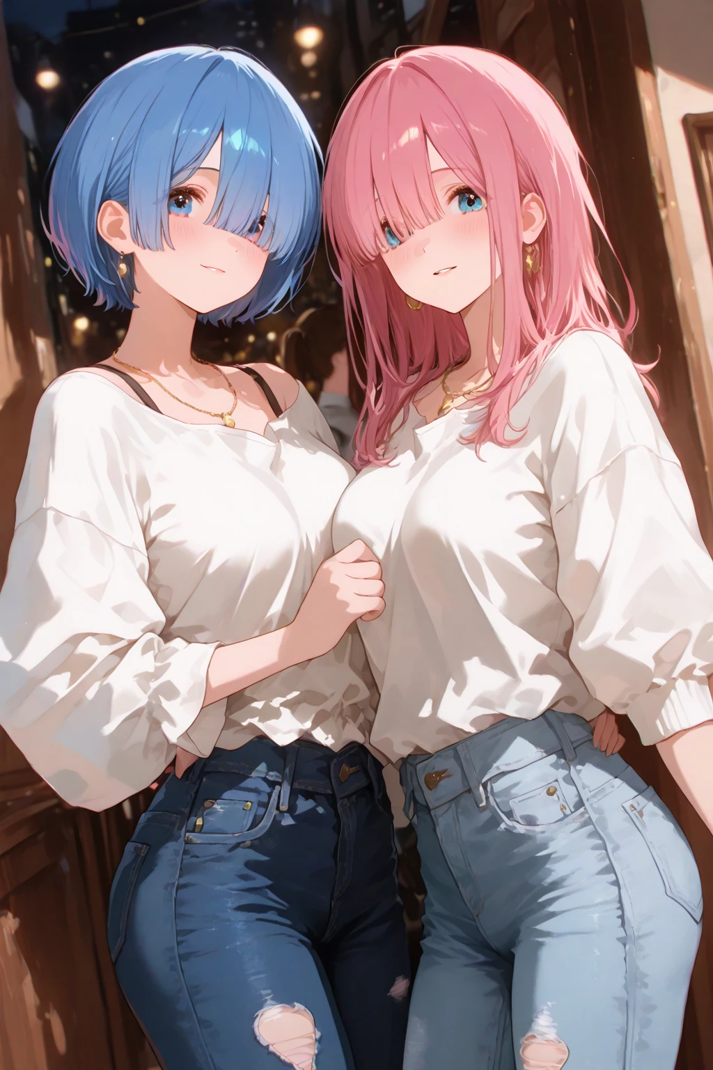 absurdist、ultra hyper-detailed、巨作、最好质量、break、Official art、(Beautifully Aesthetic:1.2)、(watercolor drawings:Curly)。Pink hair。length hair。pleated skirt。Camisole。耳环。e7 Tenebria, Pink hair, two long thin braids, lender body, thin, cheeky face, Small breasts,Blue eyes, Black pants, white short blouse, showing belly, flat abdomen、Devilish Beautiful Girl、a beautifulchi girl、((ep7 denebrea))(kawaii:⒈3)、aged 16、break、colourful hair、Splash、(フラクタルアート1.3)、break、Cat's ears、A sexy、break、humanoide、break、white bikini、break、Random eye color:1.5、break、From Side、watch audience、break、Plush bets、break、shyness、tension、blush on、break、Showa gravure、th all of fours、from behind and be、break