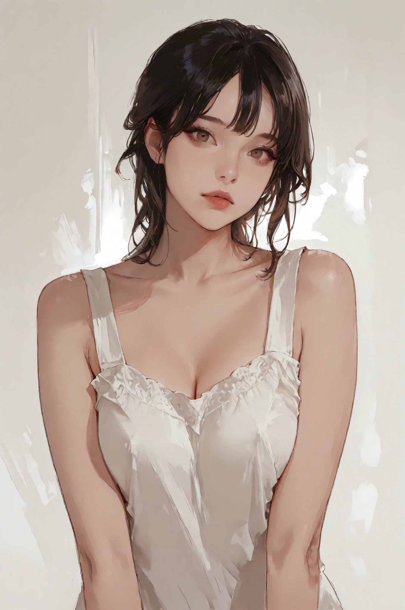 tsuruta ichiro, Narrow-eyed, 1girl in, Allback、deadpan、short-hair、shorth hair、brow、Reluctance、A dark-haired、Tucked Hair Solo, Cowgirl, Onepiece, ((mideum breasts)), Thin slit eyes、Black eyes, Light shines on the eyes、Black hair, gloves, Dress, Luxurious Jewelry, earrings, sharp eye、 elbow groves,Raise your hands and tie your hair back, random color, random color dress, Makeup for long eyes, Slender eyes、lip stick, Complex petal pattern, Rim Light, Back Light, pastel color,Studio Lighting