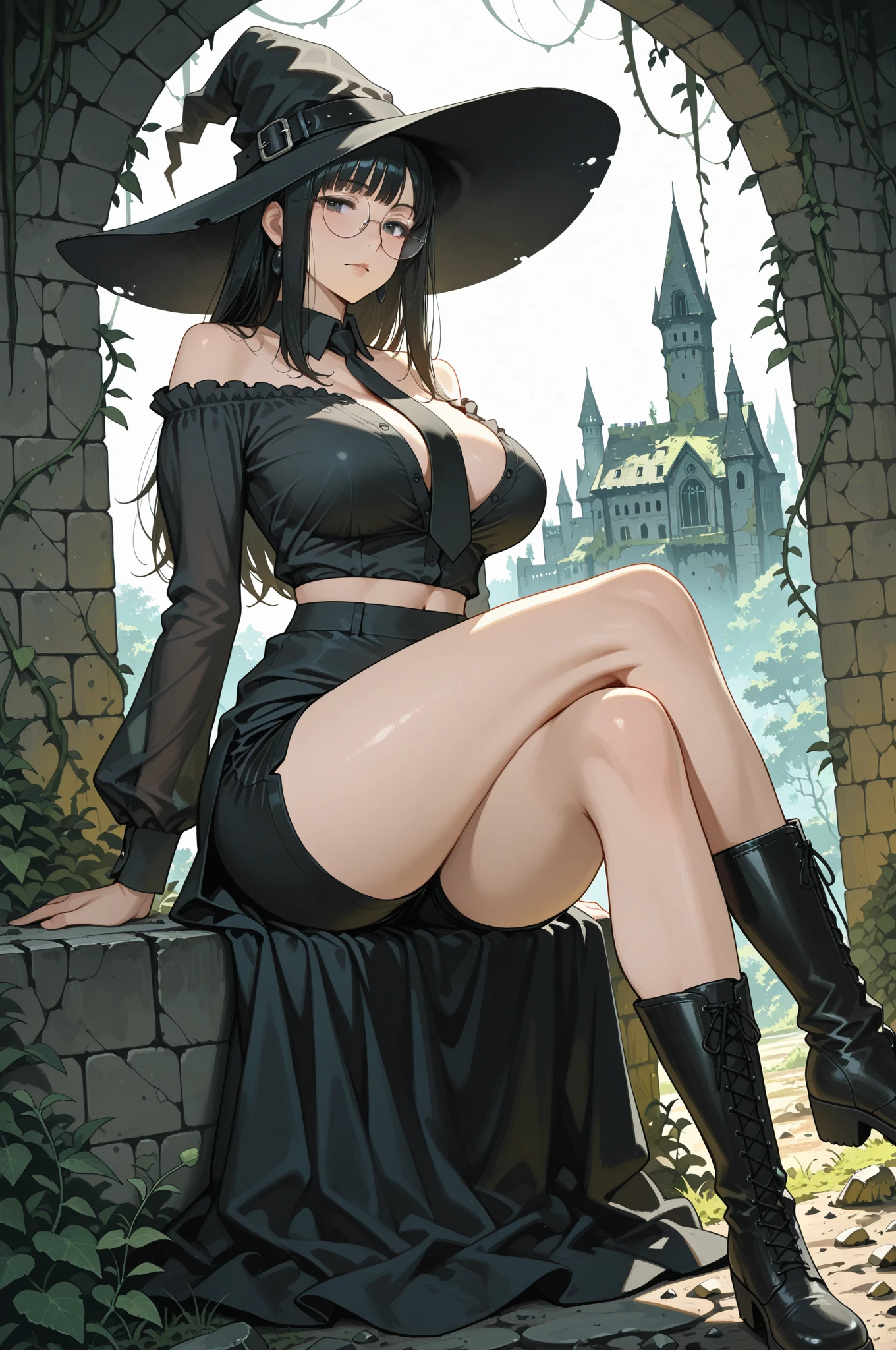 "(masterpiece:1.1), best quality,
1girl, (80s anime style:1.3), (eyelashes:1.5), (loli:1.2),
(intricate high detailed body:1.2),
(black hair:1.1), (bangs:1.1), (long hair:1.1), (witch hat:1.2),
green eyes, (lip stick:1.3),
(gigantic breasts:1.5),
(angry, smile:1.2), open mouth,
(see-through cloth leotard armor:1.2),
(accessories:1.1), necklace,
standing, crossed arms,
(upper body, cowboy shot, looking at viewer, from front:1.1),
(daytime, grassland, outdoors:1.2)"