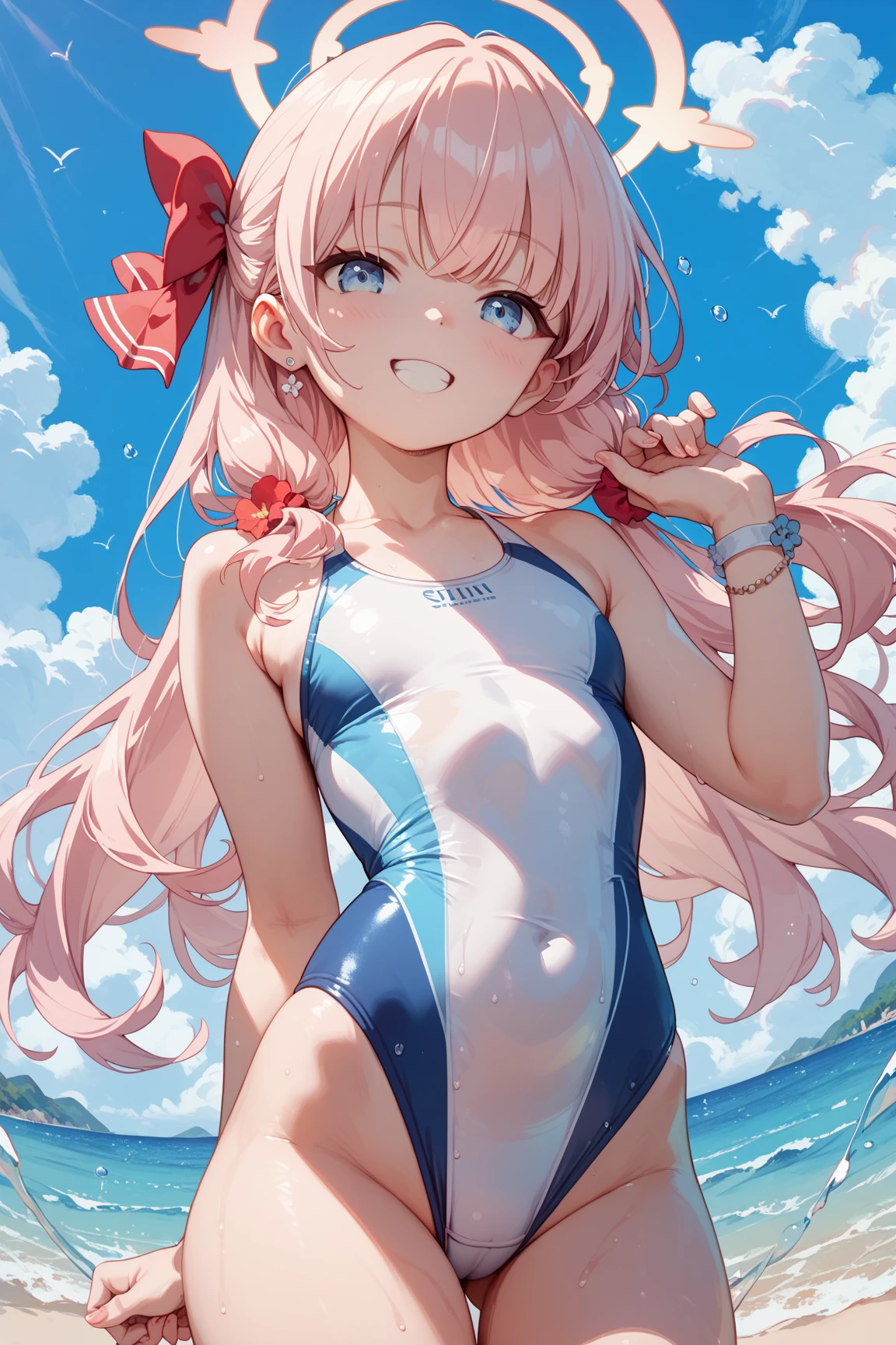 (8K、Top image quality、top-quality、masterpiece)、1 loli、Pink hair、Twin-tailed、light blue eyes、show the grinps、Show your teeth and smile、Smaller chest、dark blue school swimsuit、Hands on Hips、cowboy shot、white backgrounid