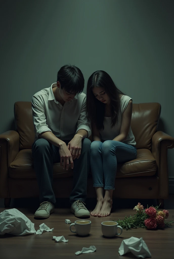 a young bored man and young bored woman sitting on a worn out couch in the dark