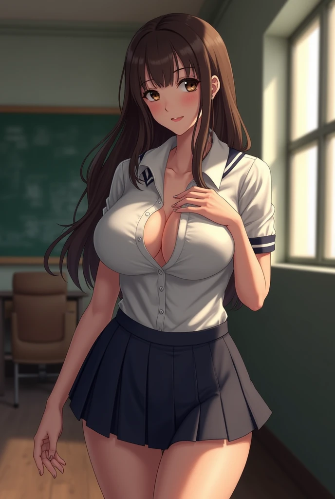 Ayanokouji Kiyotaka change to girl, youkoso jitsuryoku shijou shugi no kyoushitsu e, tomose shunsaku, 1girl, solo, highres, dutch angle, very long hair, brown hair, brown gold eyes, bangs, parted bangs, expressionless, closed mouth, large breasts, cleavage, collarbone, white shirt, buttons, pleated skirt, looking at viewer, hand on own head, arm up, standing, thighs gap, legs, classroom, broad daylight, desk, window, masterpiece, best quality, best quality, Amazing, beautiful detailed eyes, finely detailed, depth of field, extremely detailed CG unity 8k wallpaper, full body