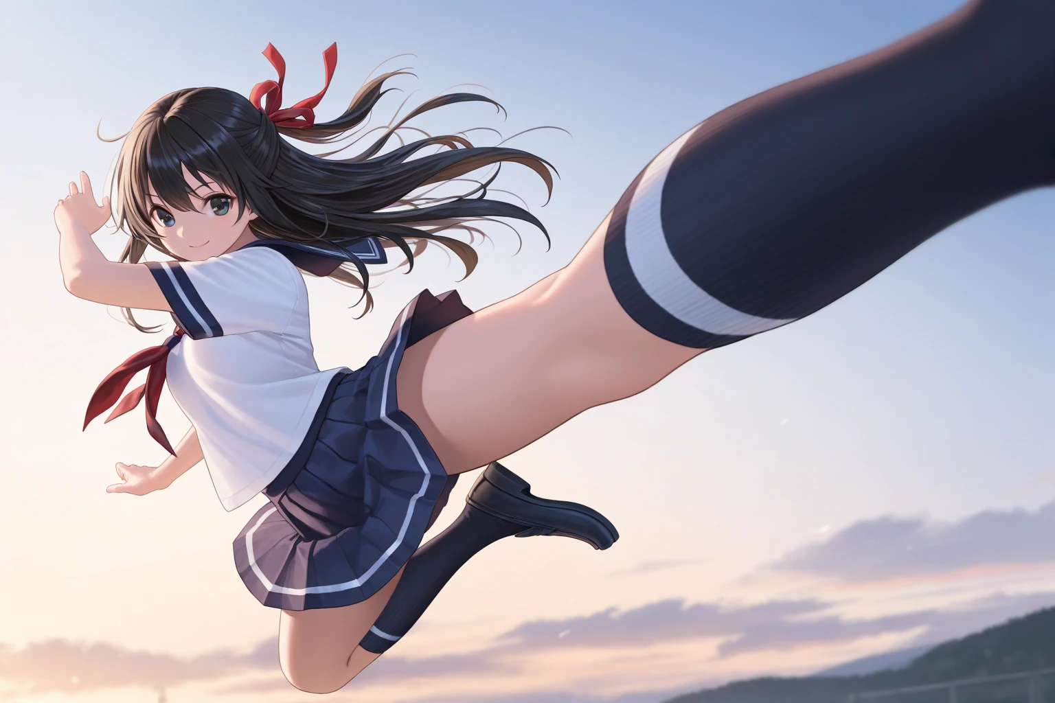 top-quality、masterpiece、超A high resolution、女の子1人、slender、(Thumbs、Toe '1.2、Thigh、校服、white shirt、Red checked skirt、Light white panties 1.4、Lower breast:1.3、a navel)、huge smile、Sensual and seductive gaze、Dark black hair、length hair、glowy skin、Wet body、Dramatic Writing、(Huge breasts:0.9)、(From a low position:1.2、taken from the under:1.7、Focus on toes and close-ups:1.2)、blue-sky