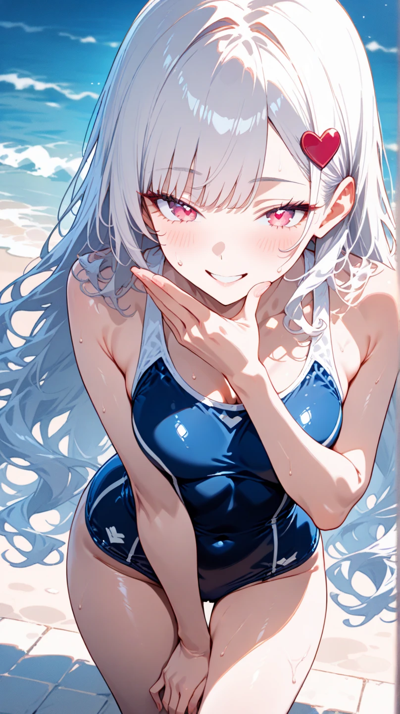 16k works,highest quality,18-year-old,No background.White background only,whole body、Kneel,Dynamic and sexy pose, one person, Beautiful Face,, Symmetrical eyes, Perfect body, Good balance、 Perfect body、 Small breasts, Long Hair, Grey Eyes, Gray Hair, bangs, Hair between the eyes, Red Bikini, Frowning