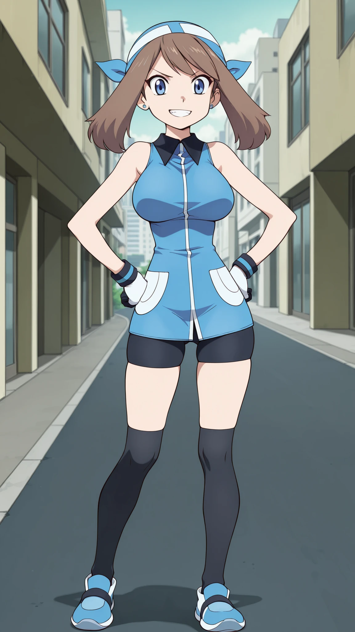 adult older sister, Tall, big boobs,  jam one's hands on one's hips, black knee-high stockings, Absolute region, thighs, Blue shoes, blue bandana, blue sleeveless tunic, Miwaki, black mini bike shorts, gloves, blue earring, ((top quality)), ((masterpiece)), ((details)), ((anime screenshot, anime cong, )) SapphireBirchILXL, solo, 1girl, two legs, two arms, anime coloring book, 1 woman, Age 18, Full Body, slim sexy body that can be licked by mobs, Brown hair color , twin tails, blue eyes, A determined smile, teeth, standing, City, Sidewalk, May, blue earrings, (\Pokémon\), score_9, score_8_excellent, score_7_excellent, score_6_excellent, Source_anime, cell shading, flat color, vector,