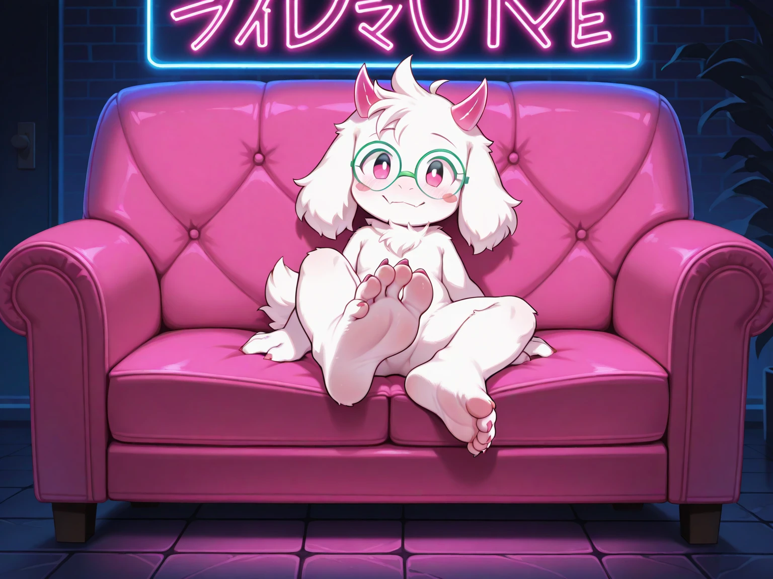 masterpiece, extremely high quality, realistic detailed fur, APOKI, solo, 1girl, pink hair Pink Bunny ears, bangs, has a a large thick cock, she is a true futanari, giving herself a handjob, black and red  bondage clothing, bunny tail, pink bunny skin is slightly furry, neon lit cyberpunk bedroom background, varied sexual positions, blunt bangs, smile, green eyes, perfect human anatomy, nudity,  perfect and flat vagina opening, perfect nipples,  streams of cum shooting out, cum dripping down face and in hair, NO extra legs OR arms OR hands, sitting down having an orgasm with an exhausted expression.