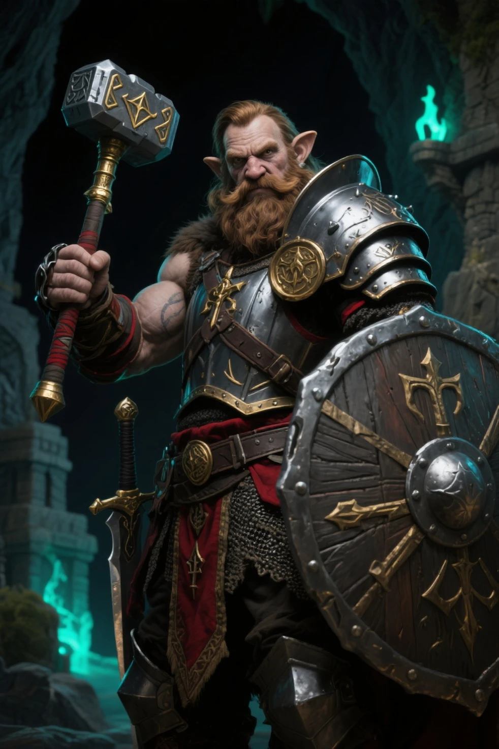 Dungeons and Dragons Style, Dwarf with (pointy ears:1.22), in a large foundry, making weapons, by mark brooks, DLSR photo, intricate, elegant, highly detailed digital photo, smooth, sharp focus, 4k , realistic natural color grading + realistic natural lights + realistic natural colors + photo taken by ARRI + photorealism, extremely photorealistic + accurate proportions + incredibly details, sharpen, details + extremely meticulously designed environment + bright glorious summer sunshine + 50mm, + octane rendering + Lightroom