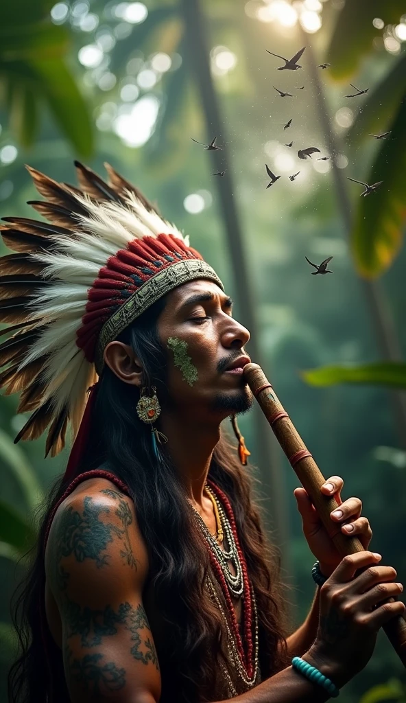 a sullen Indian smokes a peace pipe in a feather headdress plays a large rock drum kit and behind him are the spirits of the Indians, the indian looks straight ahead, drum set black two cymbals and 3 drums
