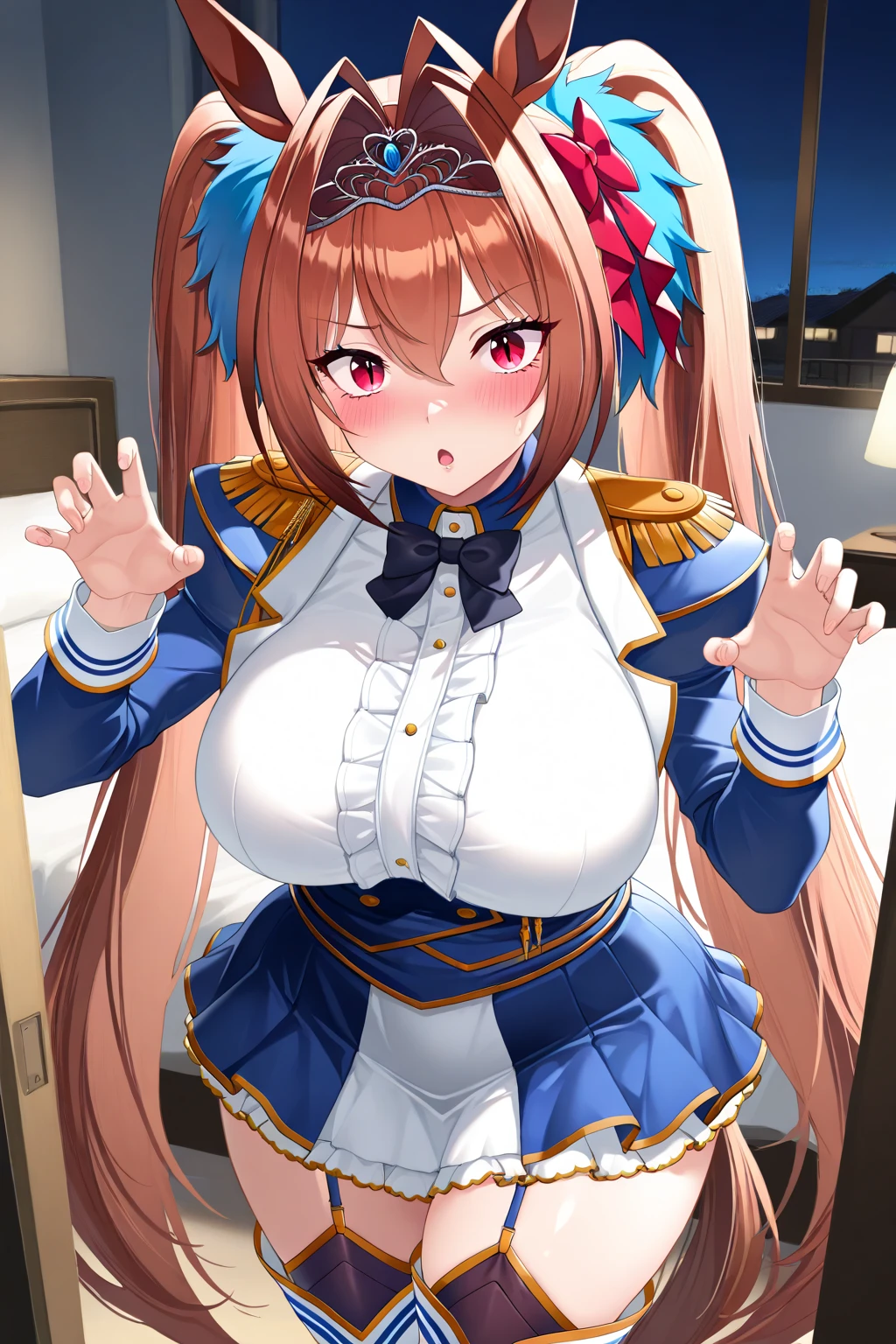 masterpiece, top-quality, Hi-Res, 1girl in, Daiwa Scarlet(Umamusume), Marl, Twin-tailed, tiarra, Very long hair, brown haired, garterbelts, double tooth,bangss, erotick,red blush,Open mouth,put out the tongue,Shedding tears,white thighhig,hair between eye,Hair bow shape, inside in room, on the beds, pretty skin,{{nakeness}},{{{Light red eyes}}}, {Redhead pubic hair}, large boob, {{{Red hair}}},bottom less,toppless,Spread legs , Kupa-hsien,{{{ Labia majora}}},Skirtless,Vulgarity,huge-breasted,{{{Nipple}}},{{The areol}},Spread legs, Squatting,{{{ Vaginal visibility}}},{{{1 of the labia majora screen:4}}},Arms behind the body