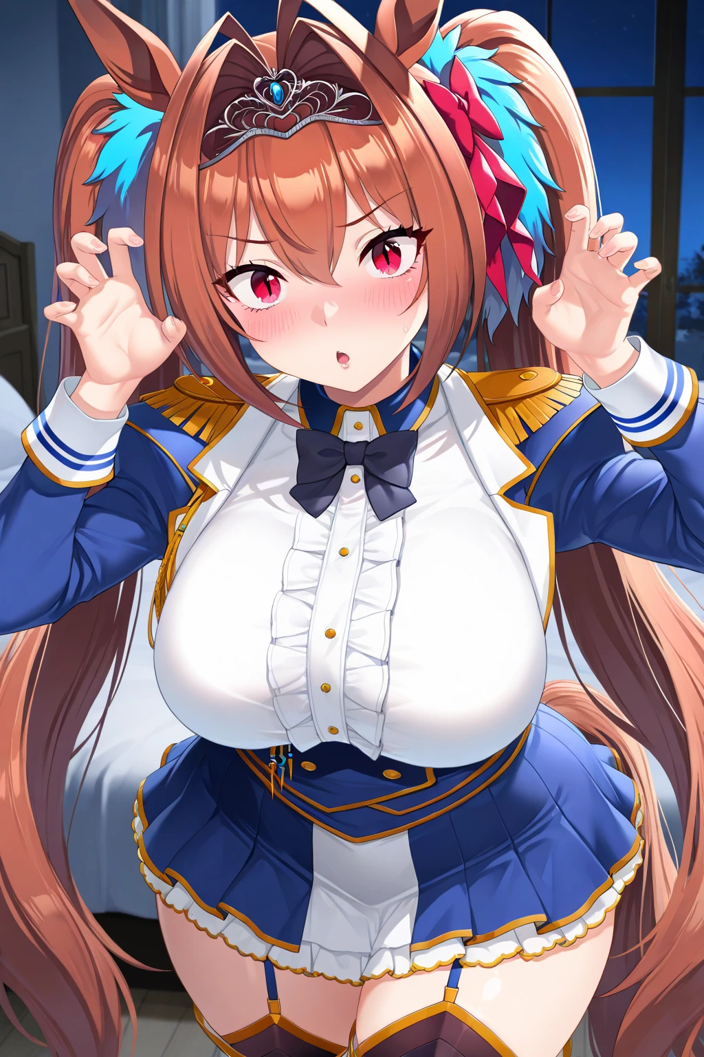 ultra-detailed,
master piece,best quality,high resolution,
beautiful eyes,detailed eyes,detailed face,
beautiful detailed eyes,symmetrical clear eyes,
1girl,Daiwa Scarlet\(umamusume\), horse ears, long hair, twintails, tiara, horse tail, very long hair, brown hair, epaulettes, garter straps, long sleeves, large breasts, red eyes, bowtie, bangs, puffy sleeves, blue jacket, white thighhighs, center frills, white shirt, hair between eyes, white skirt, blue skirt, hair bow, nsfw,No sleeve,(Armpit:1.5),(Plump:1.5),(Too thick thighs:1.5),Big Ass,Big Breasts,huge breasts,thick nipples,erection of nipple,pepperoni nipple,(Flabby belly:1.2),(ArmpitSweat:1.2),(赤らんだArmpit:1.2),ArmpitSweat,Sweat,(Squat:1.5),Spread your legs wide,(Peeing:1.2),(sperm 1.5),Too big nipples,Tight,(Long Tongue:1.2),saliva,Covered in juice,pubic hair,Taunt,Estrus,Hot body,vapor,blush,Orgasm Facial,Opera gloves and knee socks,Big nipples,(bukkake:1.8),ahegao,facial,ass pov,Greasy body,Wet, see-through clothes,smile,Embarrassed face