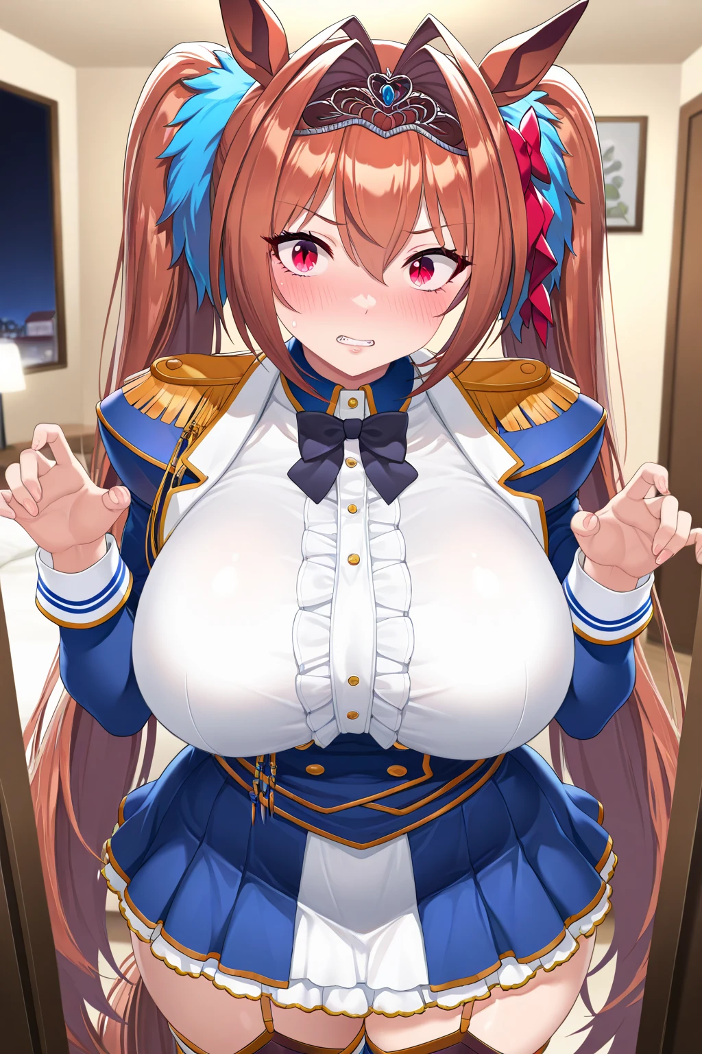 highest quality, Super detailed, masterpiece, Ultra-high resolution, 8k, Ridiculous, Cowboy Shooting, Focus on the girl, Embarrassing, blush, Lovely, Close one eye, With tears in her eyes and her mouth open, drooling, (arms behind head), (wariza),Classroom Background, (1girl, daiwa scarlet \(umamusume\), umamusume), (medium breasts), (sagging breasts),(huge nipples), Black knee socks,Thighs,Waistline, (high angle shot)