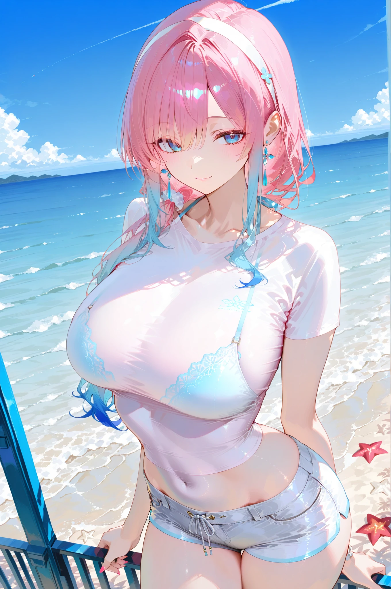 Rave girl,1 girl,((girl with extremely cute and beautiful hair)),(((Big breasts: 1.5))),(((neon pink hair: 1.75, wild hair, long hair: 1.8 , colored inner hair ,)), ((( black_eyes: 1.8 , intricate eyes, beautiful detailed eyes, symmetrical eyes))), (((bright skin: 1.8, glowing skin: 1.8, glowing skin, very shiny, shiny body, plastic shiny skin, exaggerated shiny skin, shiny skin, wet legs))),(narrow waist, five fingers, perfect hands,detailed body, (((detailed face, men's thong, panty strap)) ), seductive, Erotic, (((nsfw))),(((nsfw))),( zetai ryouiki), semi, (((below breast, half naked))) , seaside cyberpunk city at night with glowing signs, neon lights and clouds dark storm and puddles, scenery: 1, 25, night, starry night, cosmos, very dark night that highlights neon lights, very bright neon lights, artistic photography, (photo taken by SLDR), high resolution, sharp focus, (ultra detailed, extremely detailed), art (photorealistic): 1.37), (extremely detailed 8k CG unit wallpaper), ((synthesized wave background theme)), (((vibrant colors))), intricate , (complex background), (Art), (best quality), perfect rendered face, perfect face details, realistic face, realistic photo, analog style, ((intricate details)), (((Realism)) )