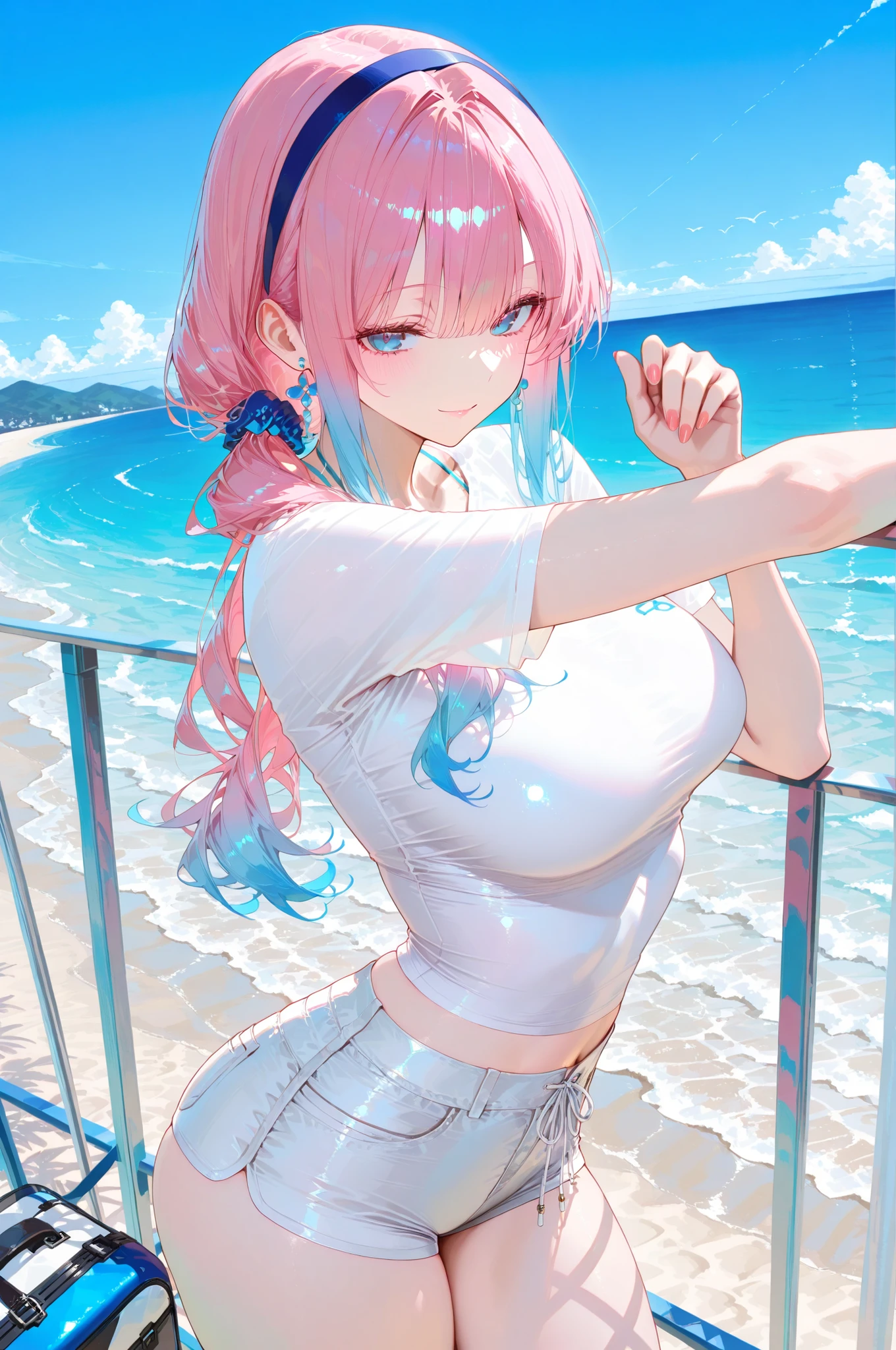 splash, wet, strong sunlight, splash, piercing woman, piercing, smile, colorful hair, summer school uniform, blunt bangs, (black skirt), 1girl,solo, flashy hair, photorealistic, high resolution, one girl, golden and pink and light blue hair, colorful hair color, korean, beach, wharf, cowboy shot,