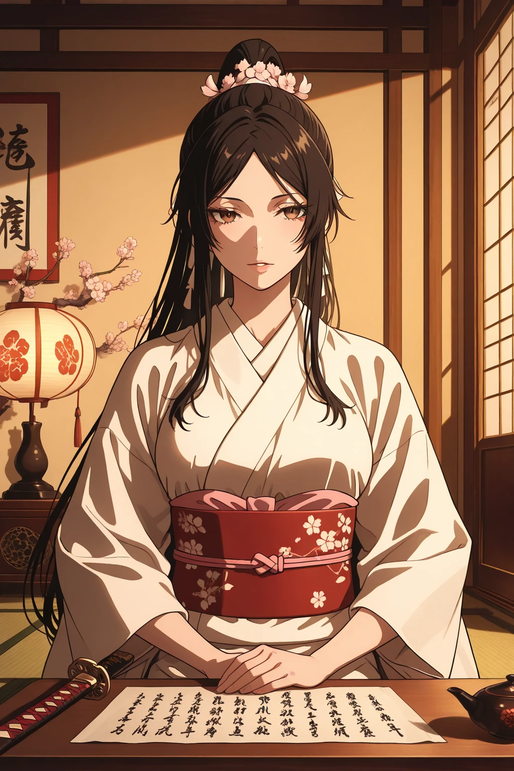 ((Highest quality)), ((masterpiece)), (detailed), （Perfect Face）、（The woman is a 12-year-old princess from the Sengoku period in Japan., Long black hair and a beautiful face　Located in a luxurious samurai residence.、The woman is wearing a Japanese white kimono with a richly embroidered red shiny robe over it.　Wearing, Her hair is styled in a straight hime cut.　It is decorated with gorgeous ornaments from the Edo period.,   She is forced to have sex with a dirty old man and cries as he shoves his penis into her pussy.