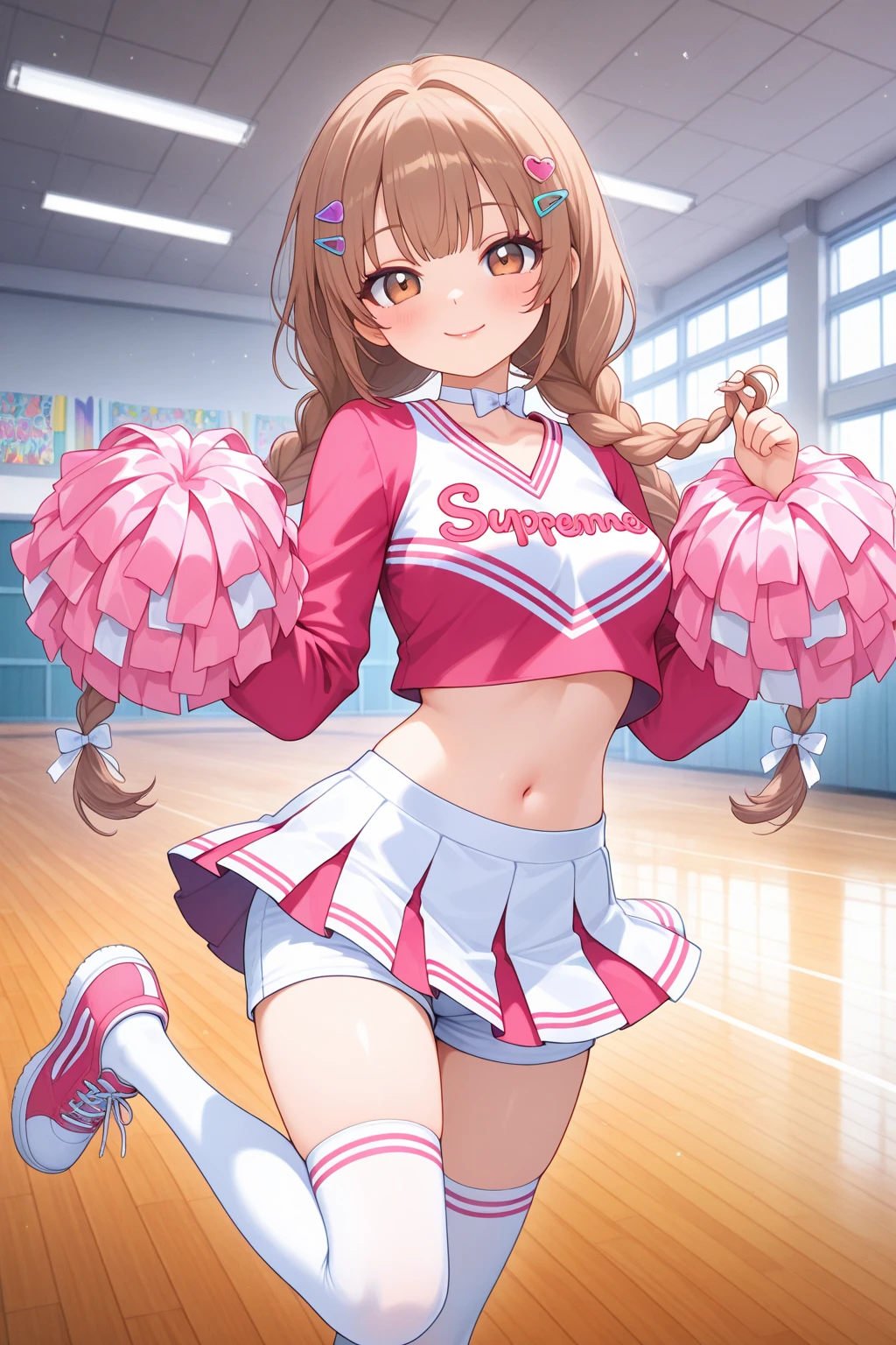 ((masterpiece)), (best quality), 1girl, cinnamon brown hair, medium length hair, blue eyes, full body, cheerleader outfit, medium breasts, pink outfit, longer skirt, mouth open, happy, excited, cheering, ((looking up))