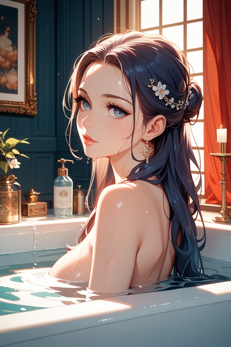 In this top-quality masterpiece photograph, a seductive and daring beautiful brunette woman with long straight wet black hair is wrapped in a black towel. She strikes a captivating pose while in the bath, with water drops glistening on her flawless skin and splashes creating an alluring atmosphere. The image focuses on her back, adorned with elegant water droplets, as she exudes an irresistible charm. The woman's cute and delicate features are emphasized in a close-up of her detailed face, showcasing the artist's meticulous attention to every exquisite aspect. The scene is set in a luxurious bathroom illuminated by flickering candles, with baroque style drawings of curls adorning the walls. This breathtaking composition, with its intricate details and masterful execution, truly qualifies as a