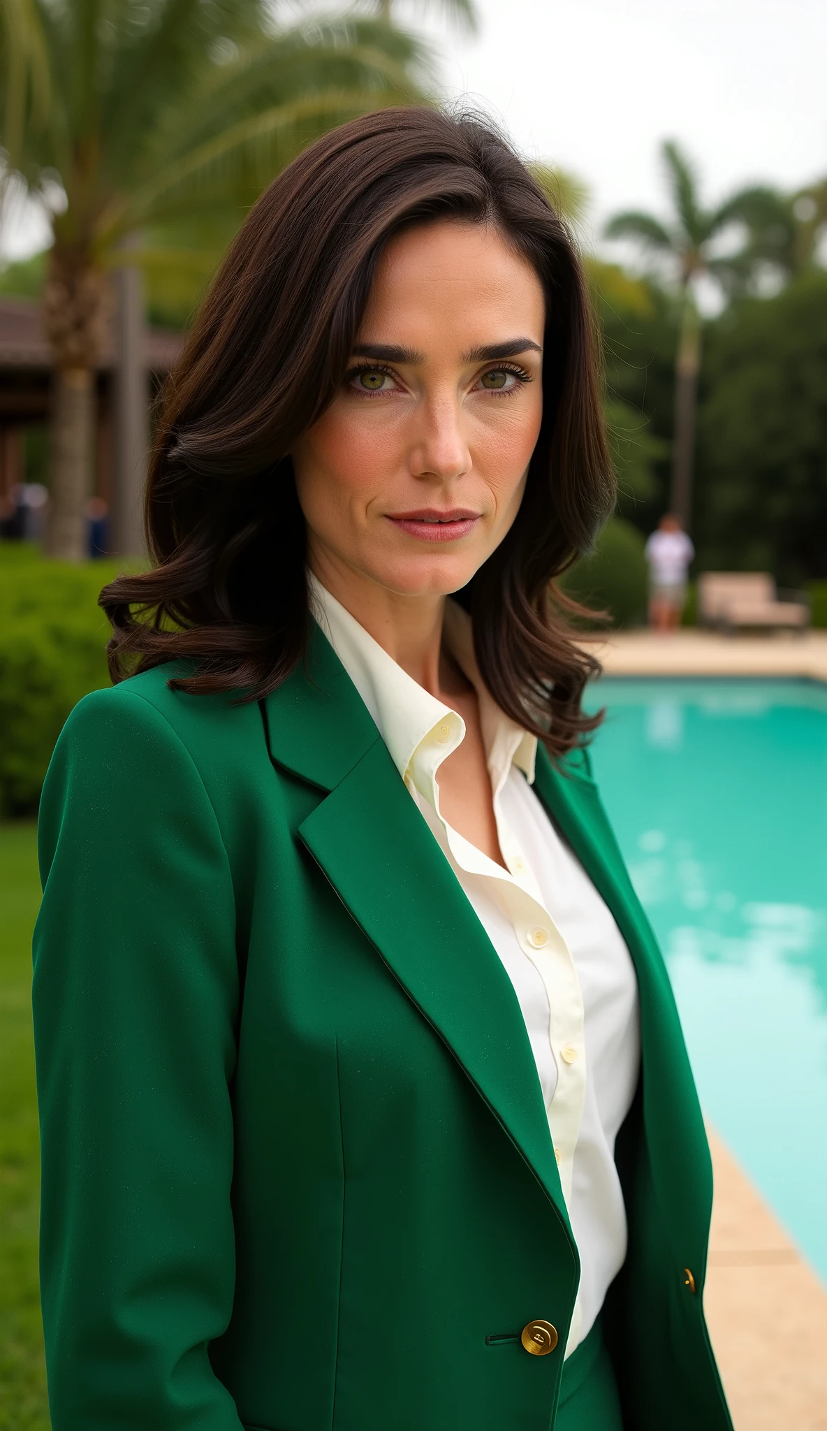 Jennifer Connelly in a green blazer with gold and shirt in high quality background, with a rich style house and a pool with people and a tree