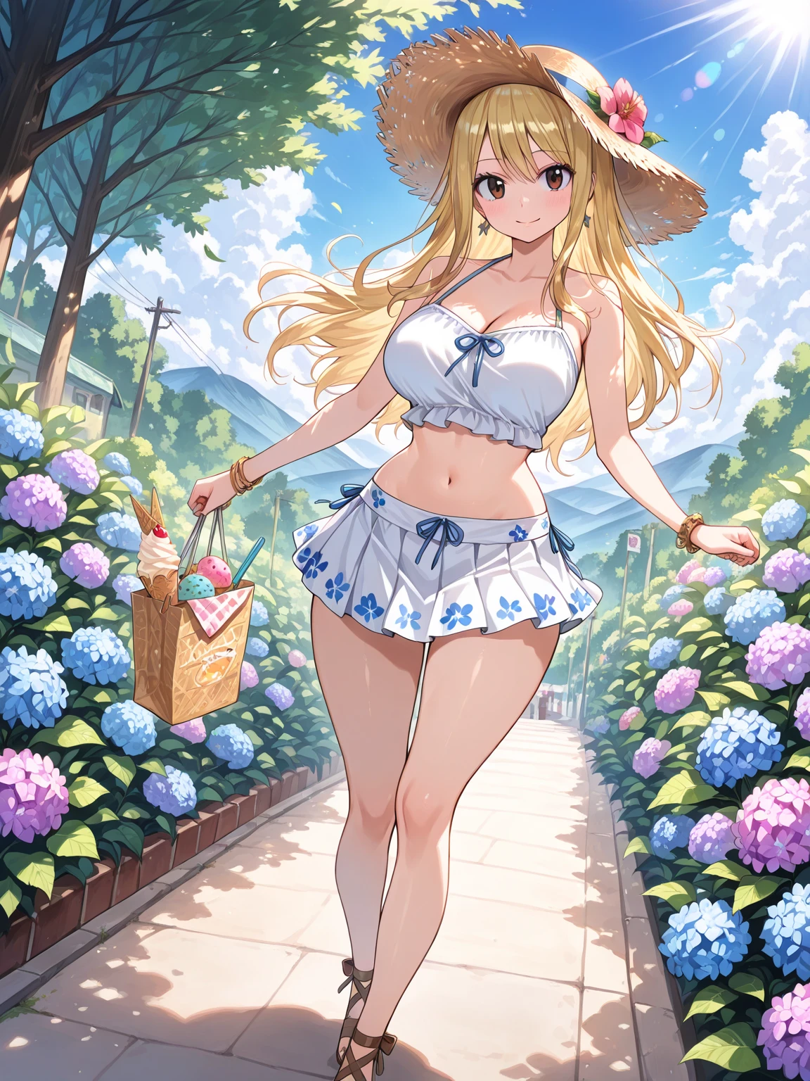girl,(masterpiece,Highest quality),Street,(Completely naked),Bare shoulders、Gal、Blonde、smile、passionate、long hair、(Underboob),Big Breasts,Cleavage,Mini tube top、looking at the camera、shoeicro Mini Denim Shorts(Open button),solo、Are standing、barefoot,