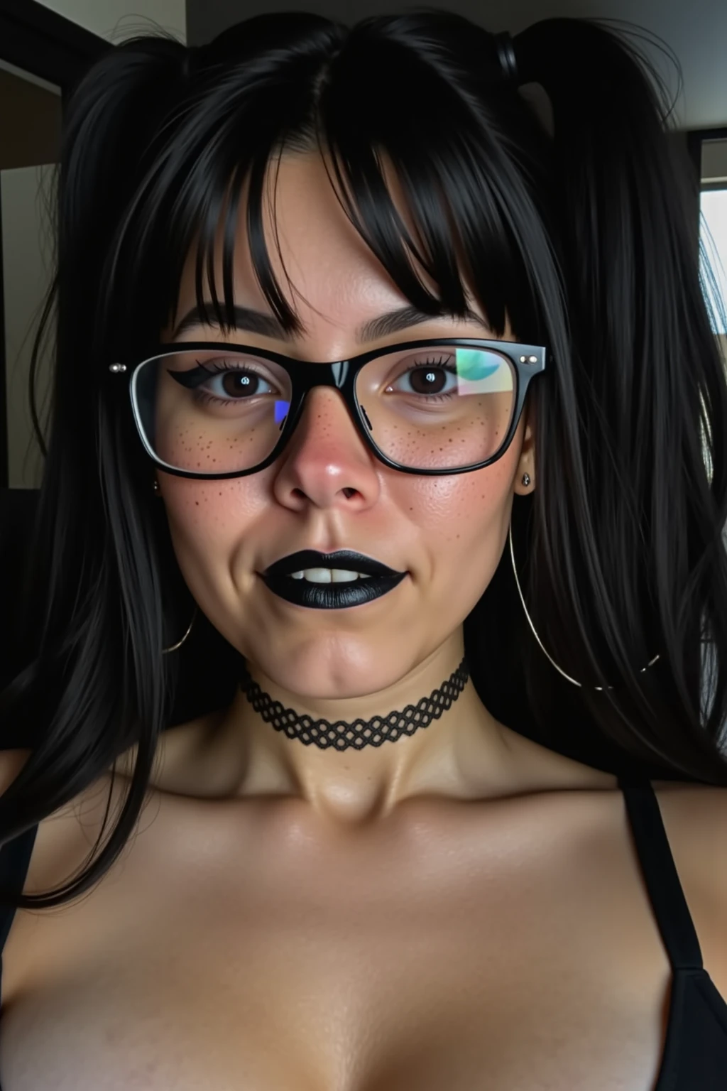 cute woman, black and bright green split hair, round glasses, black lipstick, freckles, smiling, half and half hair, split hair, half & half hair, 1person, dark skin