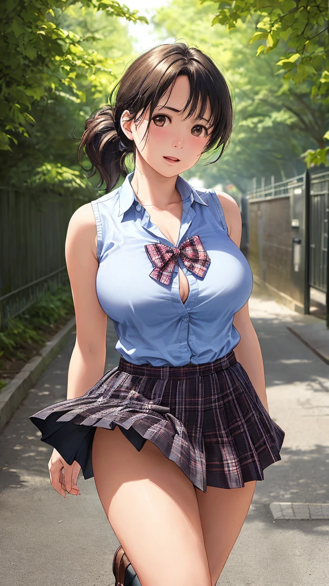(premium:1.32), (The ultra -The high definition:1.4), (High resolution: 1.3), (CG Unity 8k Wallpapers:1.2), (Detailed eyes and skin.:1.35), (detailed facial features:1.25), (detailed students:1.36), precise and perfect human body structure, (textured skin: 1.26), high level image quality、Large file size、fulcolor、low noise、
(photorealistic, Many award-winning photos: 1.27), Depth of fields, shaded by sunlight、
Show white teeth and smile., chest neckline, big and full breasts, sexy thighs, ABS, 
(poneyTail: 1.47), Brown hair, (blue eyes: 1.28), thick bangs, blue ribbon, 
((high school uniform: 1.4)), Jackets、shirt、Red tie、pleated skirt、High socks、tokyo prefecture、fighting cross、An urban landscape、