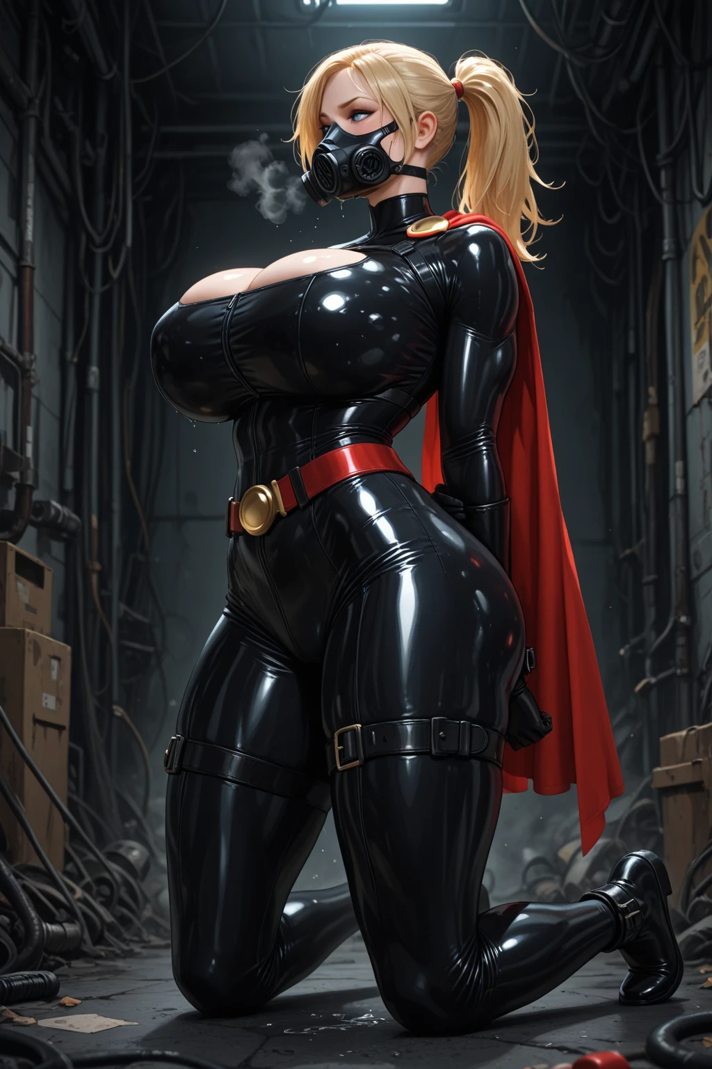 young adult girl, Tall stature, little chest, closed mouth, Slavic appearance: Green eyes; blond hair; sharp facial features; dimple on the chin; Straight nose; high nose; pronounced high cheekbones; high forehead, stands upright, (gigantic breasts:1.4), detailed face, military uniform: double-breasted overcoat; pants, Full-length painting, leather gloves