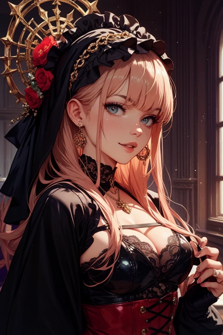 Red eyes, (highest quality, masterpiece painting:1.3), Immature woman, 16 years old, (Half Body Shot), masterpiece, Ultra-high resolution, (Photorealistic:1.0), Light pink hair,Straight hair, Beautiful and shiny hair, White and glowing skin, ((Ultra-Realistic Details)), Octane Rendering, Highly detailed face, (Big Breasts:0.8), ((Heart with both hands:1.2)), She wears a stunning outfit inspired by the Belle Epoque style, A flowing black dress decorated with lace and ribbons, (clothing: Black Belle Epoque dress with lace and ribbons),Cleavage, Perfect body, Soft Skin, Anime Face, Perfect Face, Perfect Eyes, Looking at the audience, Smart, Autumn leaves under the tree background, Autumn leaves falling, Outdoor,shrine, Sharp focus, Intricate details, Professional artwork, (Bright colors:1.1), Bright colors, diffused Lighting, Digital Blending, Ultra high definition body, Ultra detailed hair, Highly detailed face, that&#39;that&#39;Trending on pixiv, Open the top button, Cute gaze, Compensate, Perfect Lips, perfect Compensate, Ultra-precision coating,  (Light_smile:0.8), (Very embarrassed:1.2), Blushing your nose,