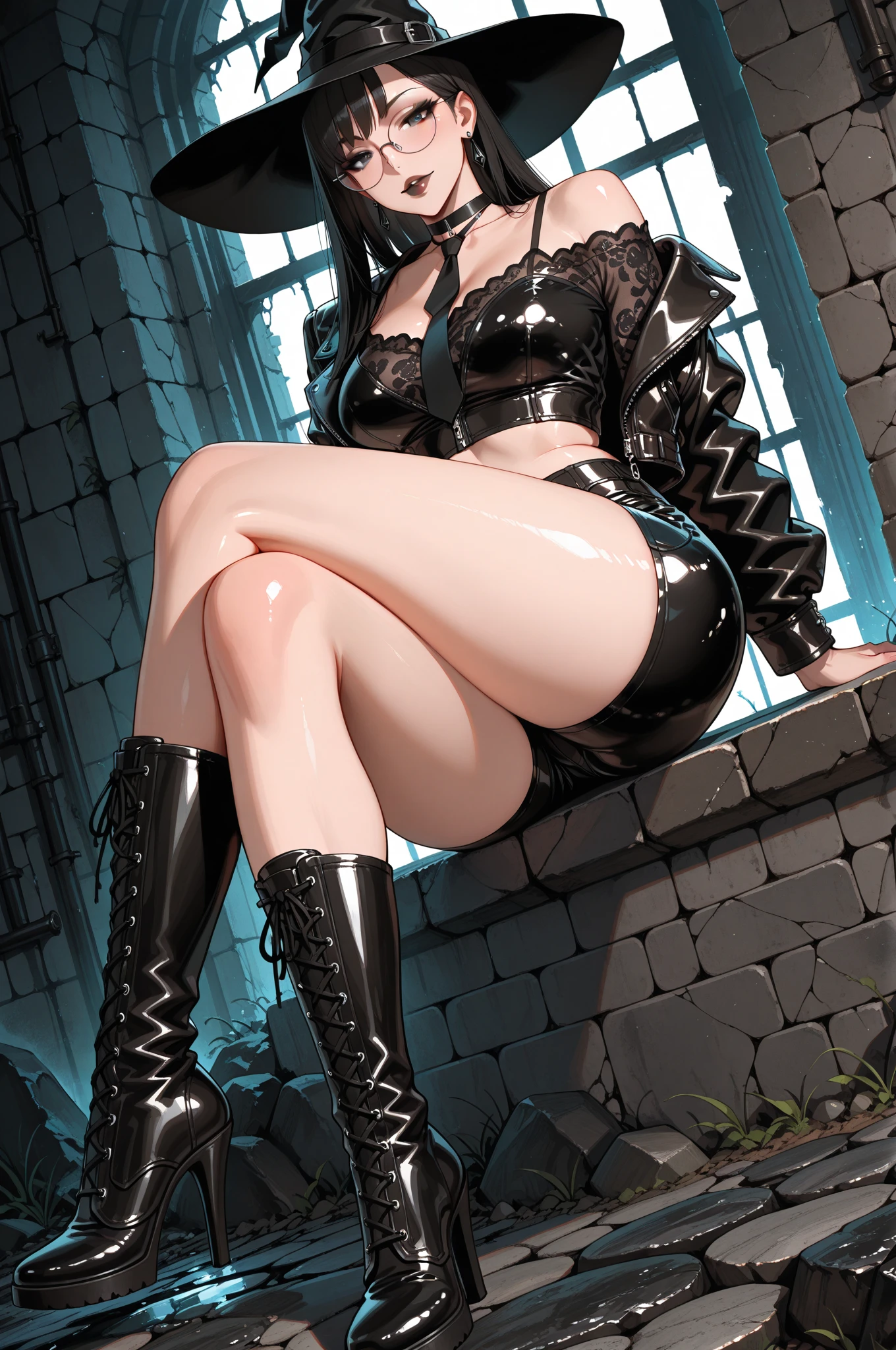 masterpiece, 最好of质量, 聪明of, 强of, of, 有着长长of卷曲金发of美丽女人, blue eyes, Black mini skirt, High heel, leather jacket