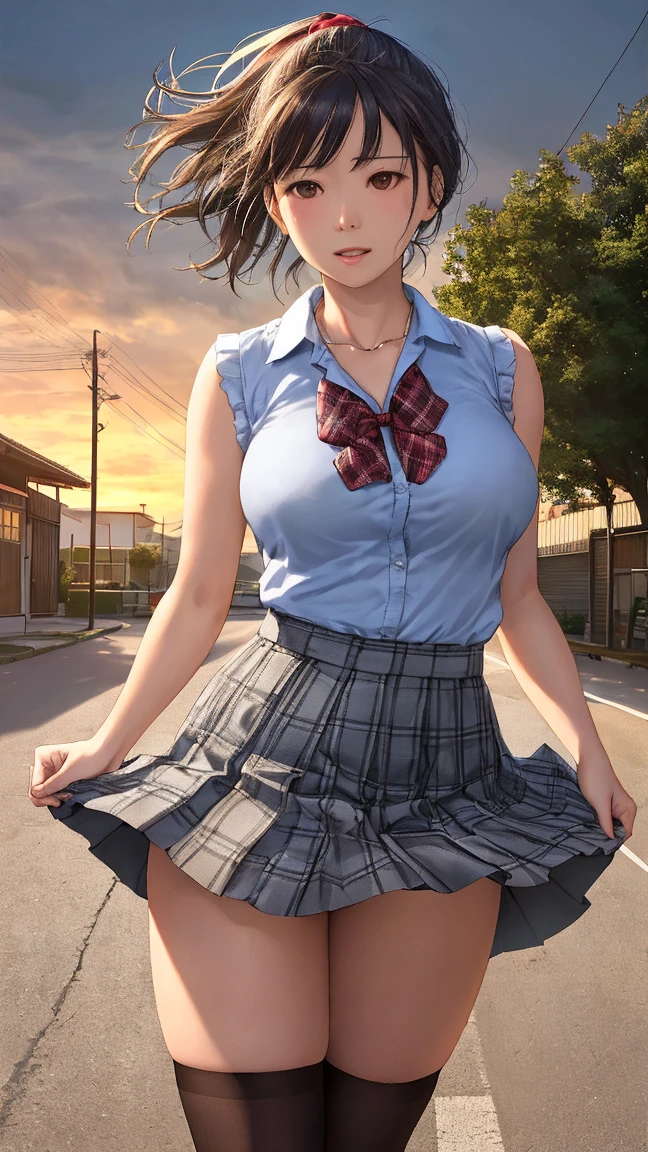 1girl, full body, summer, village, trees, sun, clouds, ((colorful hair)), ponytail, large breasts, button down, blue eyes, ((red, white and green shirt)), ((unbuttoned shirt)), unbuttoning buttons, ((short sleeved shirt)), black mini skirt, brown shoes, grin, looking at the viewer, standing, red, white and green hair ribbon, cleavage, ((golden necklate))