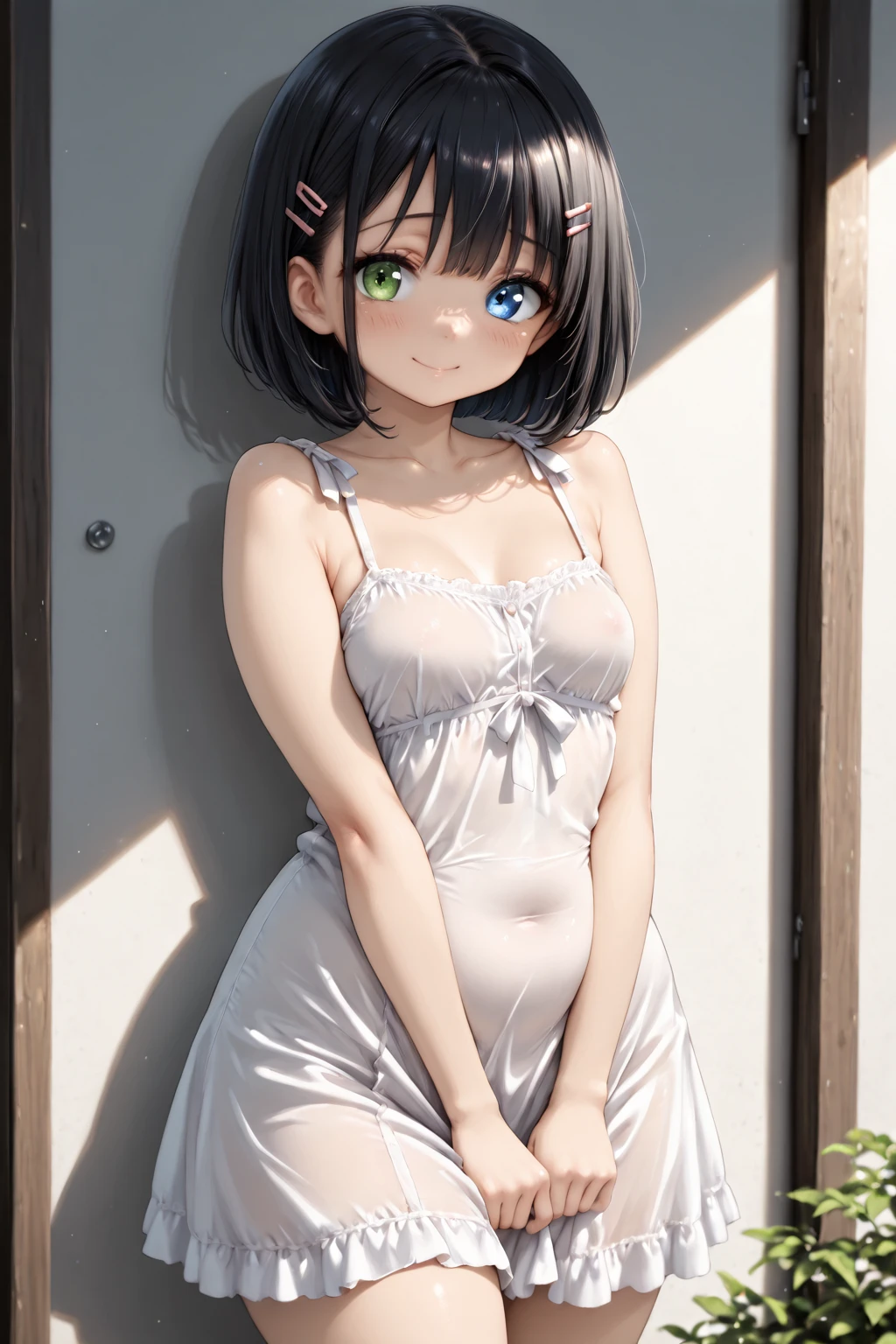 (​masterpiece:2.0), (top-quality:2.0), (white Tube top extremely short length dress made by towel:1.5), (perfect exposed shoulders:1.5), (perfect exposed nape:1.5), (super sexypose:1.5), (blushed face:1.3), (barechested:1.3), (realistic:1.5), 1 little girl, precise small hands, Embarrassed look, light smile, extremely cute girl, innocent face, young face, Clear eyes, Shining eyes, shoulder is visible, small breast, thigh is visible, No pubic hair, The beautiful skin, ultra-definition, Top resolution, japan high school student, brown hair