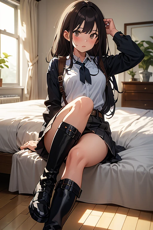 Professional Woman Photography、​masterpiece,Colossal tits、1girl in、shinny skin、flirt、From  above,（bangss）、 (full of sweat:1.3)、Blur the background、 Photo of a 16-year-old woman, Satin Panties, （Lace panties）, pantyshot, Spread your legs apart, skirt by the, student clothes, sockes, dark brown  hair, blurry backround, knee high, white  shirt, lowfers, life-like, s lips, Brown-eyed, Black socks, neck tie,Dark blue pleated skirt, looking to side, Brown Footwear, top-quality, ultra-detailliert、a room（living room）、Angle from below、skin gloss、skin gloss、Skin-friendly、heavy sweat on the thighs、Slender eyes、Mature beautiful face、Seductive eyes、Lifting thighs、Back lighting、Navy blue blazer uniform and patches、waist bending、m-legs,perfect hand, Beautiful and perfect legs